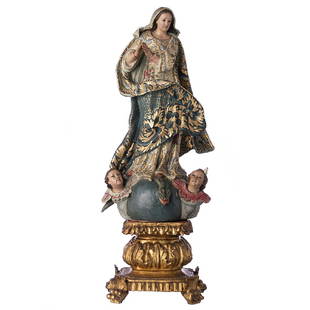 Our Lady of Conception: Portugal, 18th century, wooden sculpture, polychrome and gold decoration, removable socle in gilded wood. Signs of wear, minor repainting work. Total dimension: 43 cm.