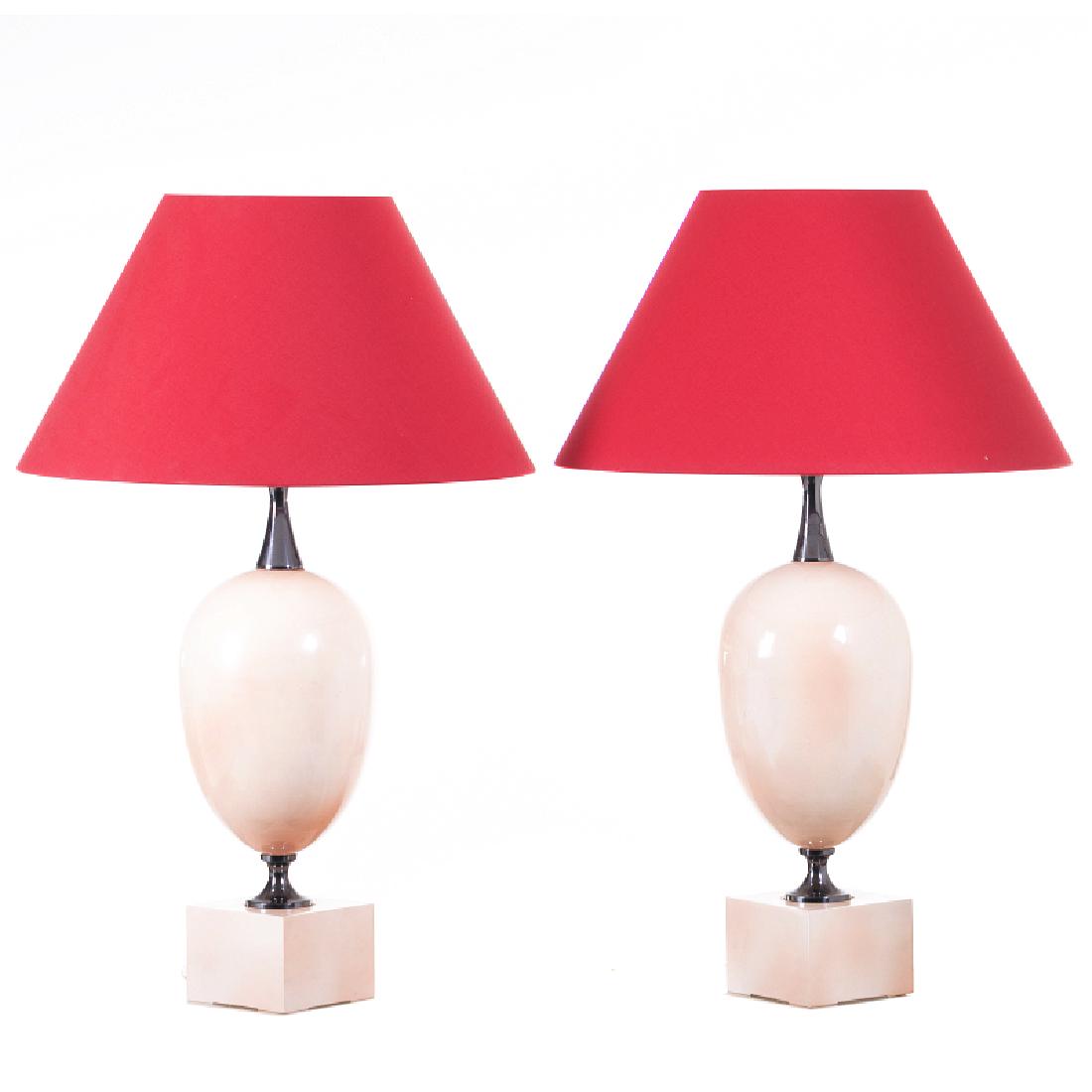 MAISON BARBIER - Pair of table lamps: France, c, 1970, metal lacquered in pink and chrome metal, abat jours in fabric. Electrified. Signs of use. Dim .: 80cm.