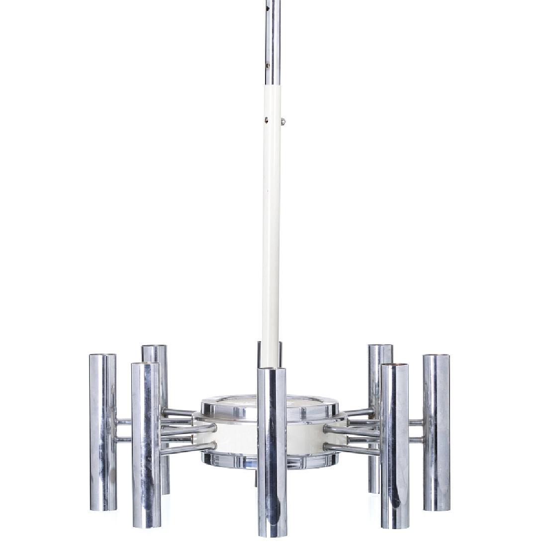 ANGELO BROTTO (1914-2002) - Ceiling lanp: Italy, c.1970, manufactured by Esperia, chromed and white lacquered metal, with eight lights, adjustable height to four measures. Electrified. Total dim.:101cm.
