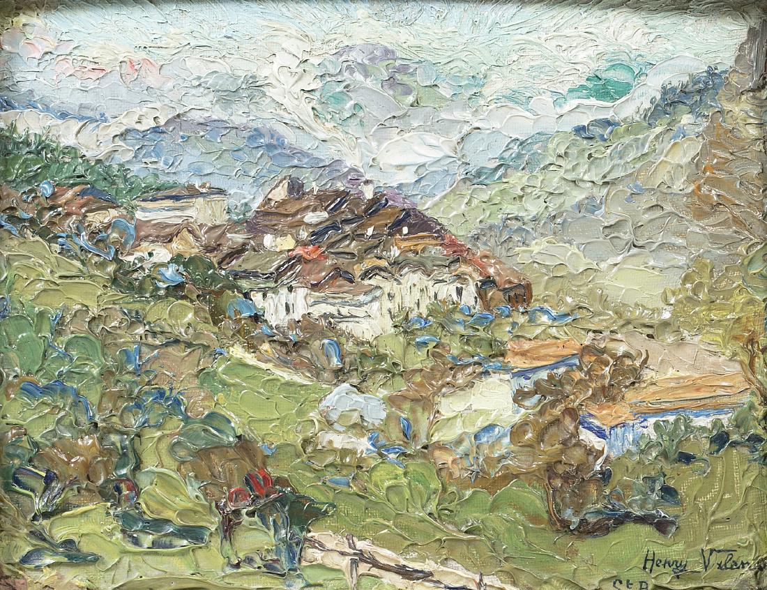 HENRY VALENSI (1883-1960) - Landscape with houses: Oil on canvas glued on cardboard, signed and dated 1934. Dim.: 19x24 cm.