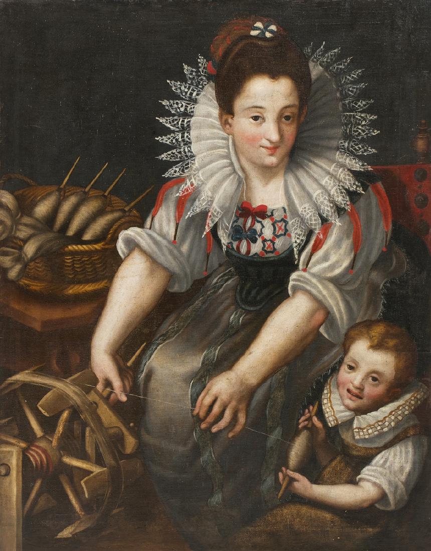 ITALIAN SCHOOL, 16th/17th century - 'Dobando o linho': ITALIAN SCHOOL, 16th/17th century - 'Dobando o linho' (Reeling flax) Oil on canvas, attributed to Bernardino Campi (1522-1592). Slight repainting work, relined. Dim.:110x86cm.