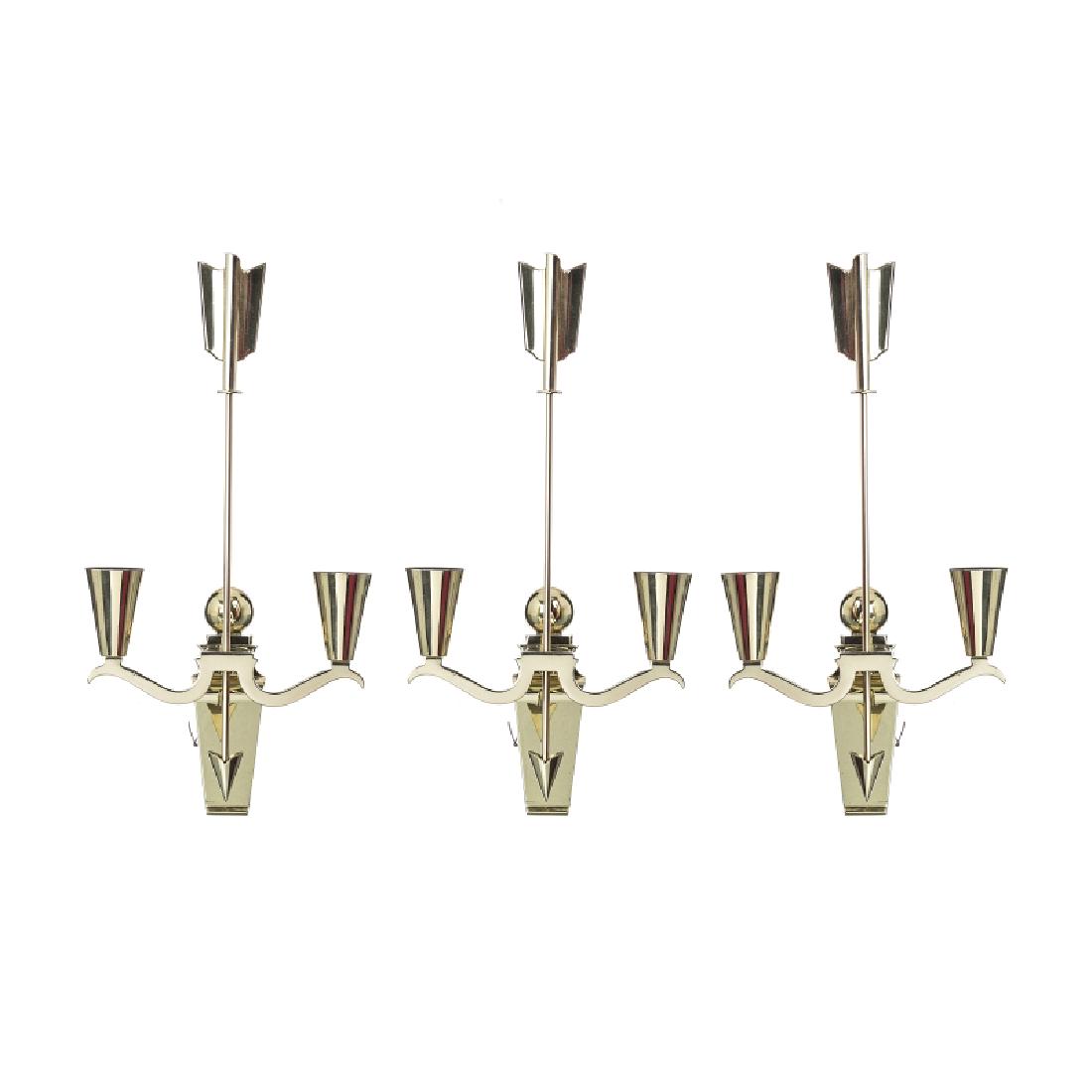 Style of GIO PONTI - Three arrow wall sconces: Style of GIO PONTI - Three arrow wall sconces Italian, c.1940, in ilt brass metal, of two lights each. Electrified. Dim .: 38cm.