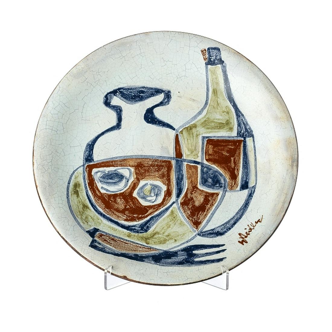 EUGENE FIDLER (1910-1990) - 'Still life' ceramic plate: French ceramic, c.1960, decorated with polychrome enamels. Signed. Craquelure. Dim.: 27 cm.
