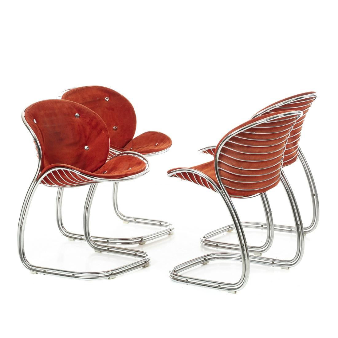 GASTONE RINALDI (1920-2006) - 'Sabrina Chairs': Italy, c.1970, in chromed metal, dyed suede upholstery. Little sfaltas. Dim .: 79x52x50cm.