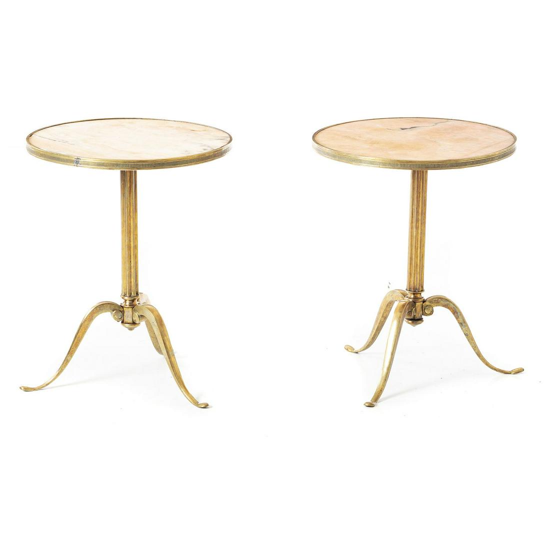 Pair of art deco 'gueridon' tables: France, c.1940, feet in gilt bronze, top in marble. Signs of wear. Dim .: 48x39,5cm.
