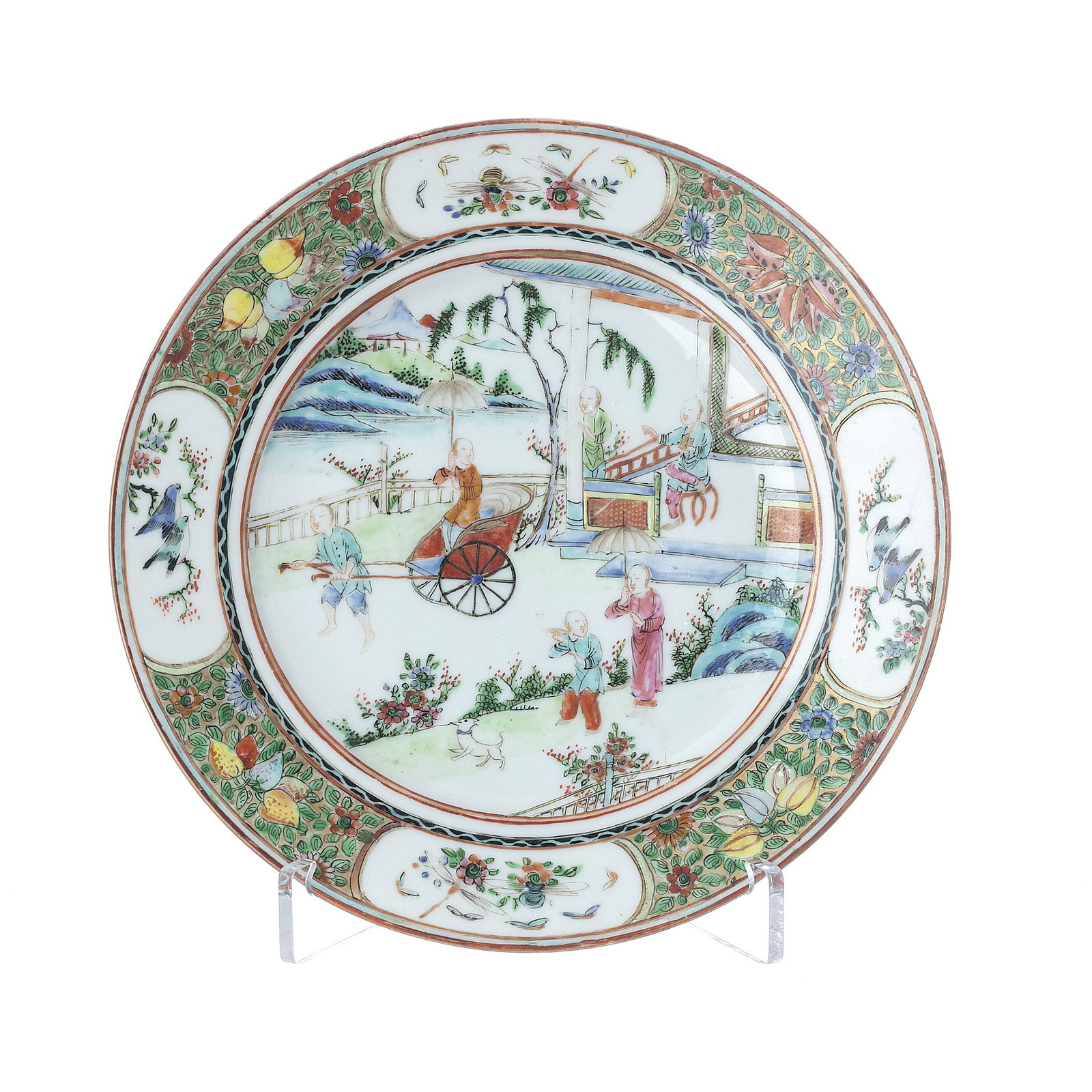 Chinese figurine plate, Minguo: China, Minguo period, decoration in the rose family enamels, rouge de fer and gold, depicted figures in outdoor scene, flap with flowers and fruits, reserves with flowers, birds and insects. Dim .: 24