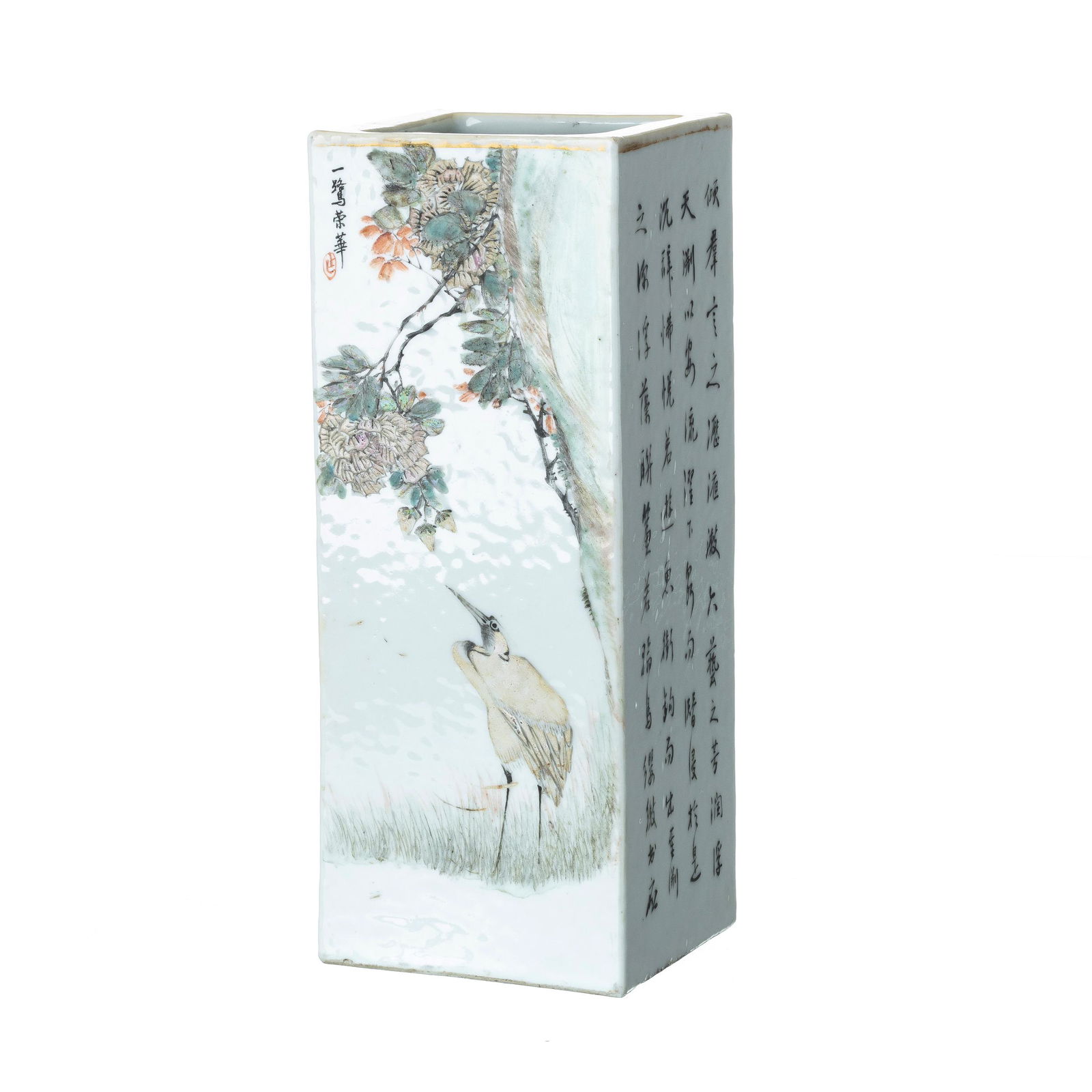 Square Chinese porcelain callygraphy vase, Minguo (1 of 1)
