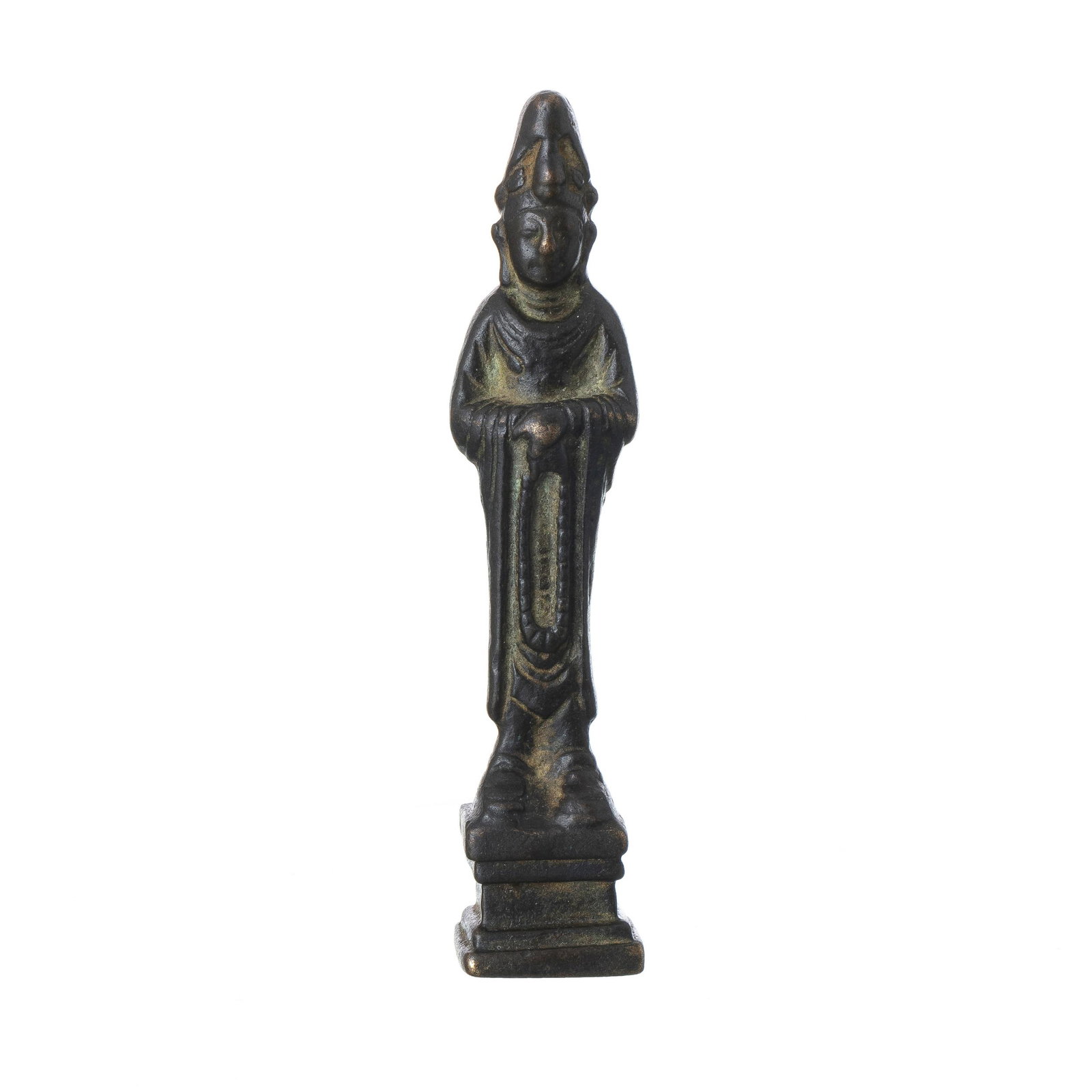 Buddhist votive bronze sculpture of a lama: China or Tibet, 16th/17thC, bronze sculpture representing a Lama. Signs of use. Dim .: 9,5cm.