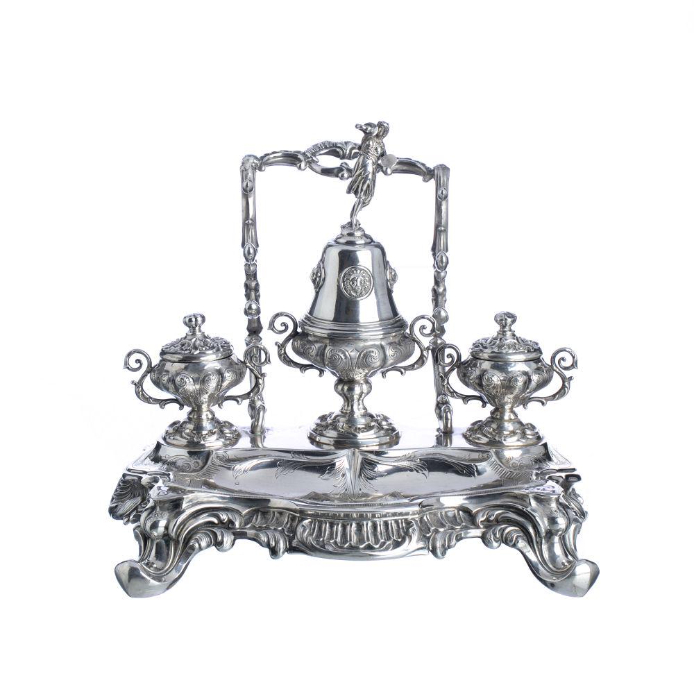 French silver 'Ambassador' ink cartridge: French silver 950, contrast Mercury (1878-1973), goldsmith mark by Alphonse Debain (1911-1916), incised and embossed, with scrolls, bell with figurative handle, with dedication to the Spanish Ambassad