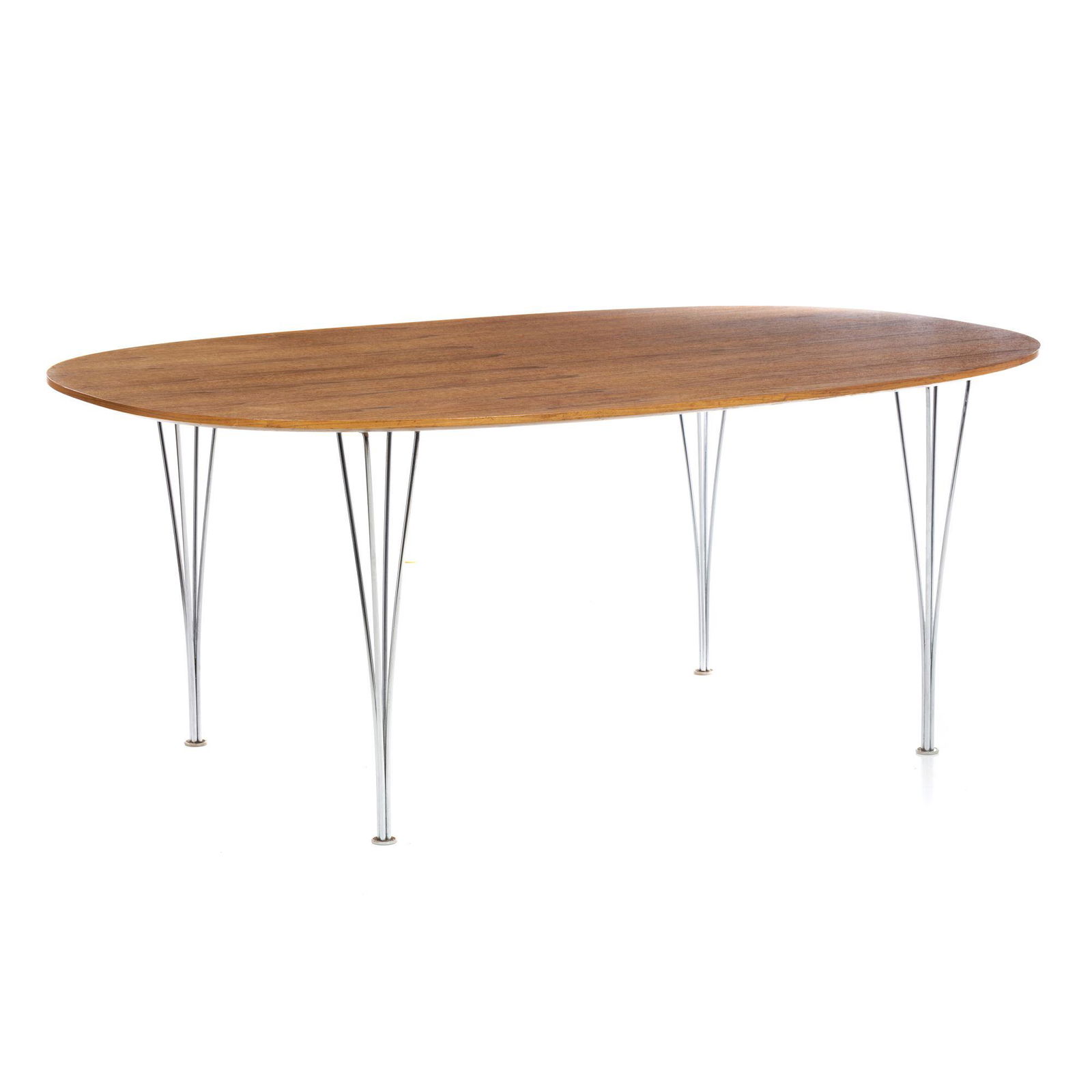 PIET HEIN & BRUNO MATHSSON - Superellipse Table: Denmark, oval table, chromed steel legs, birch top, produced by Fritz Hansen, 2008. Marked. Dim .: 72x150x100cm.