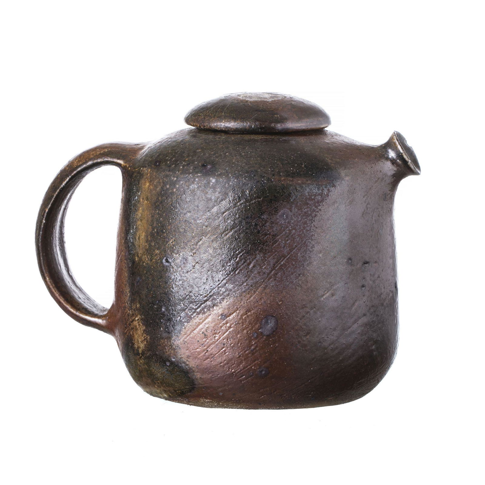 ELISABETH JOULIA (1925-2003) - Stoneware teapot: France, c.1970, pyrite stoneware, decoration with coppery enamel, wood fired. Incised signature, 'JOULIA' Tiny losses to spout. Dim.:20 cm.