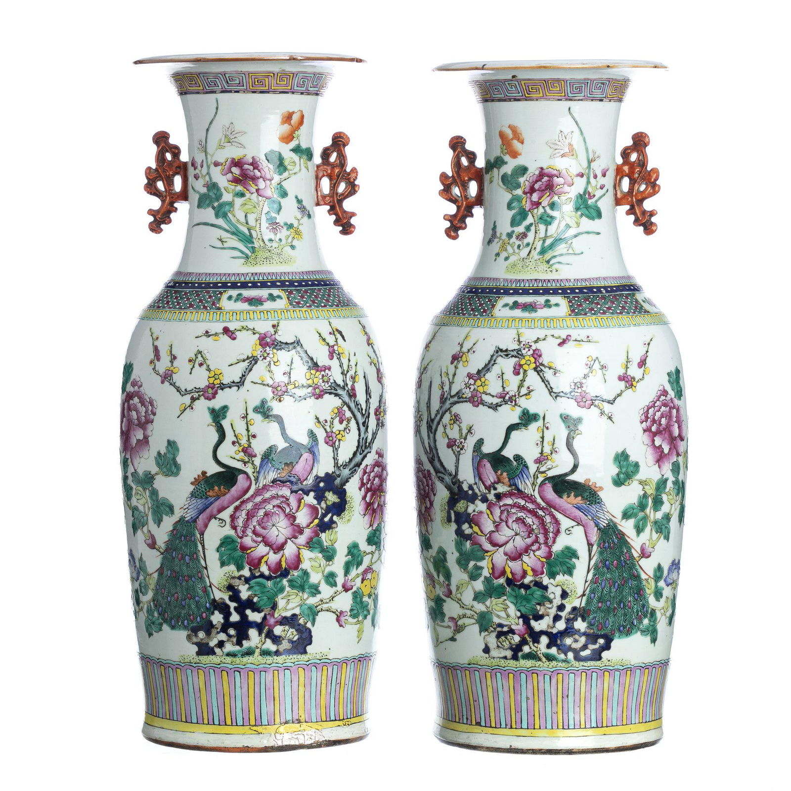 Pair of large Chinese porcelain 'perched peacocks' (1 of 1)