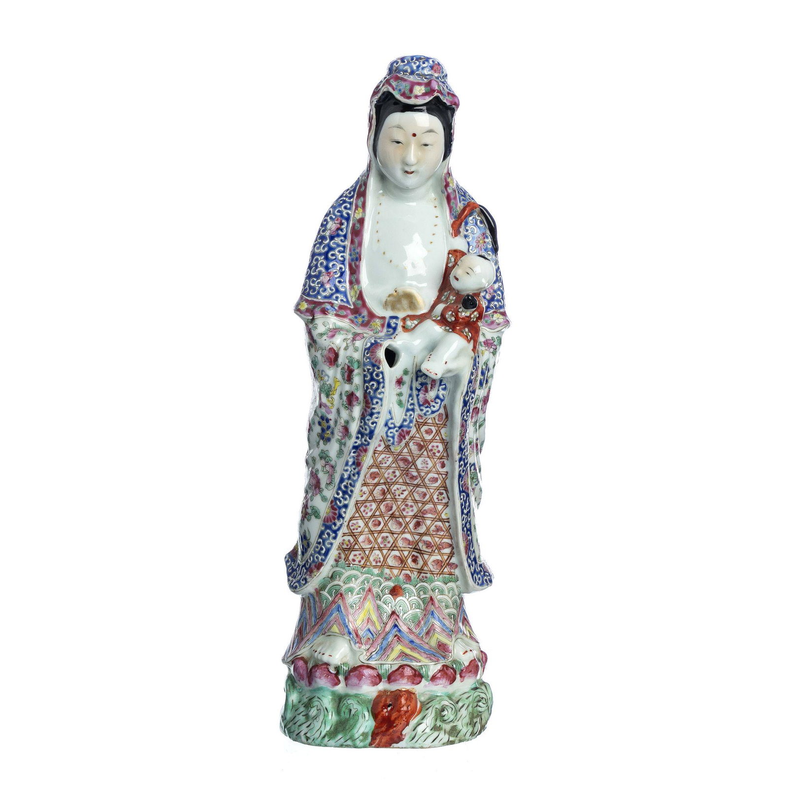 Guanyin in porcelain, Minguo: China, Minguo, porcelain sculpture, polychrome and gold decoration, representing Guanyin with a boy. Mark on the base. Missing hand. Dim.:39cm.