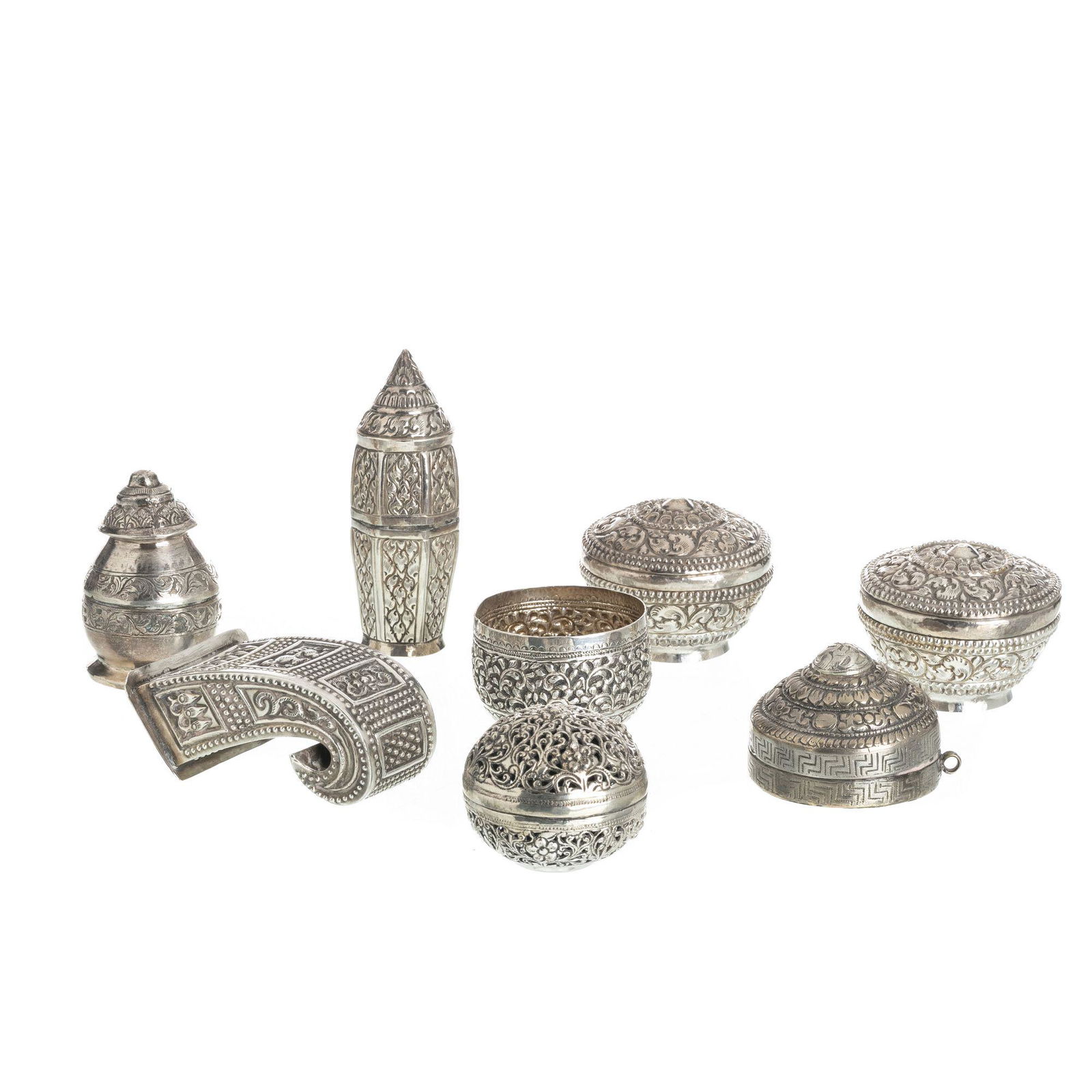 Seven Burmese silver boxes and flowerpot set (1 of 1)