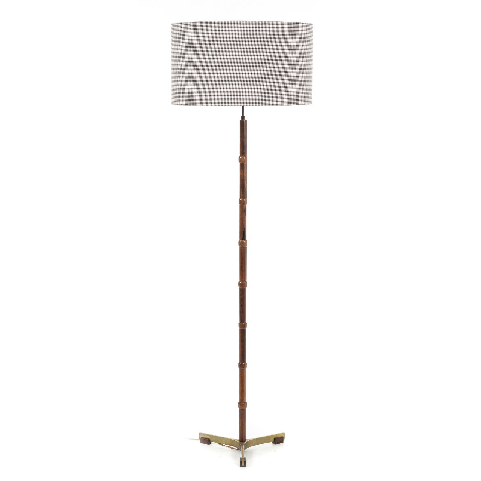JO HAMMERBORG (1920-1982) - Floor lamp: Denmark, c.1960/70, lamp in turned kingwood, with foot in gilded metal, lampshade in checkered fabric, Fitted for electricity. Signs of use. Dim.: 158cm.