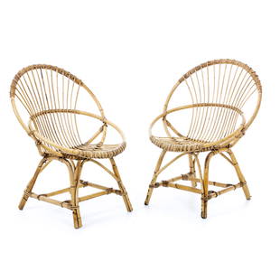 ROHE NOORDWOLDE - Pair of bamboo chairs: Holland c.1960, in interlaced rattan and bamboo cane. Signs of use. Dim.:79x61x58cm.