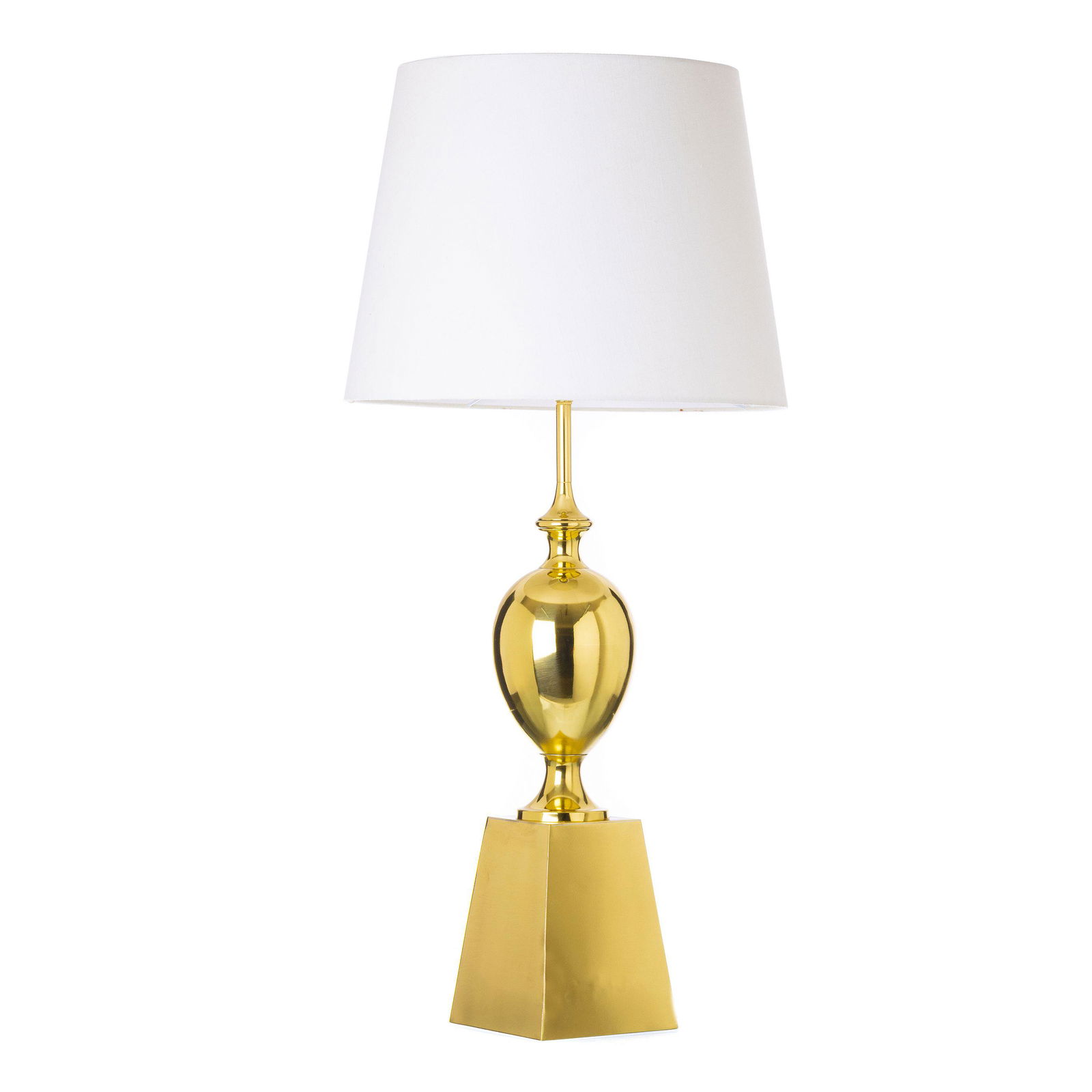 Style of MAISON BARBIER - Gilt brass table lamp: France, c.1980, in gilded brass metal, trapeze base and baluster foot. Electrified. Dim.: 97 cm.