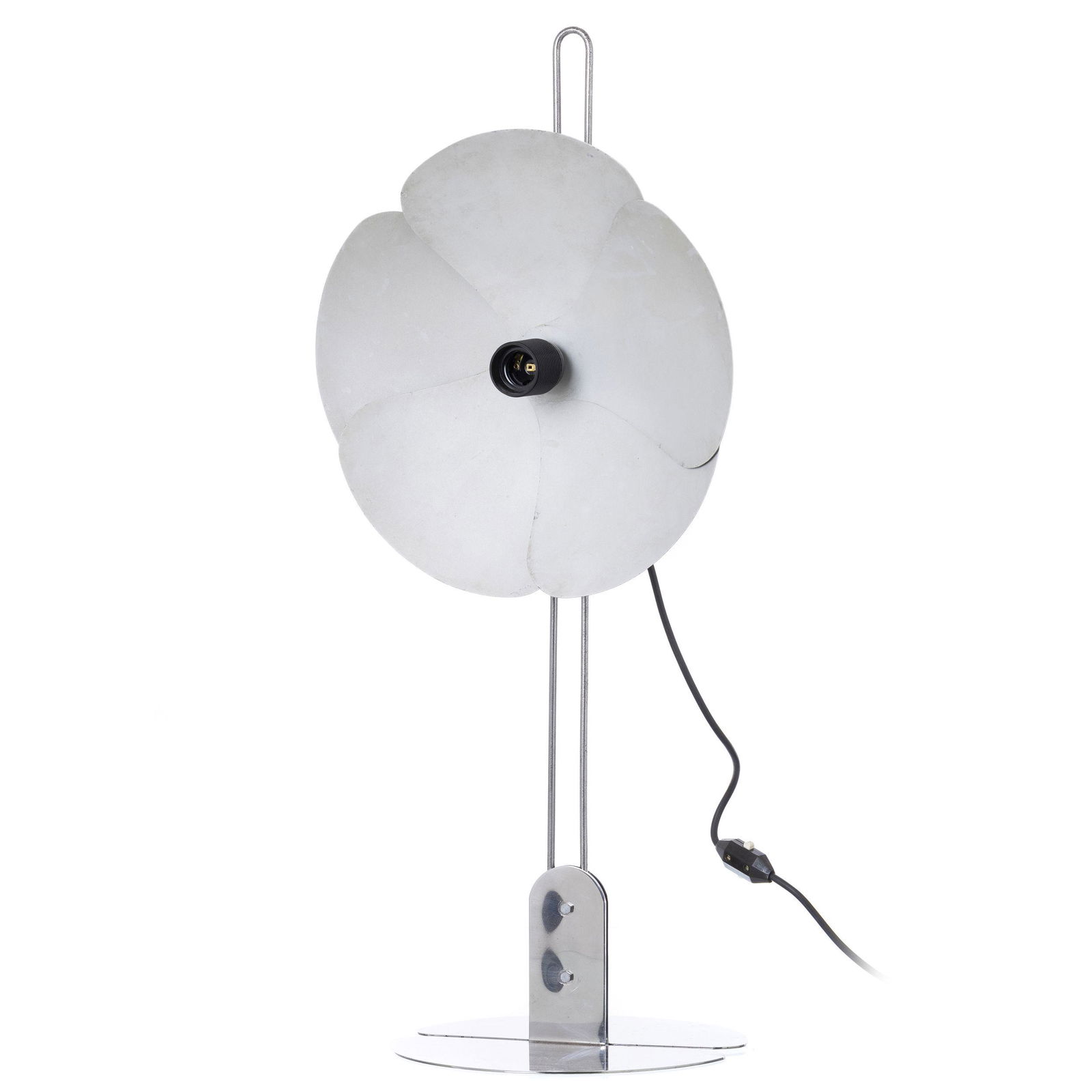 OLIVIER MOURGUE (b.1939) - Table / floor lamp 2093-80: France, c.1967, manufactured by Disderot, chromed metal and raw aluminum, flower-shaped, adjustable shade, electrified. Signs of use. Dim.:80cm.