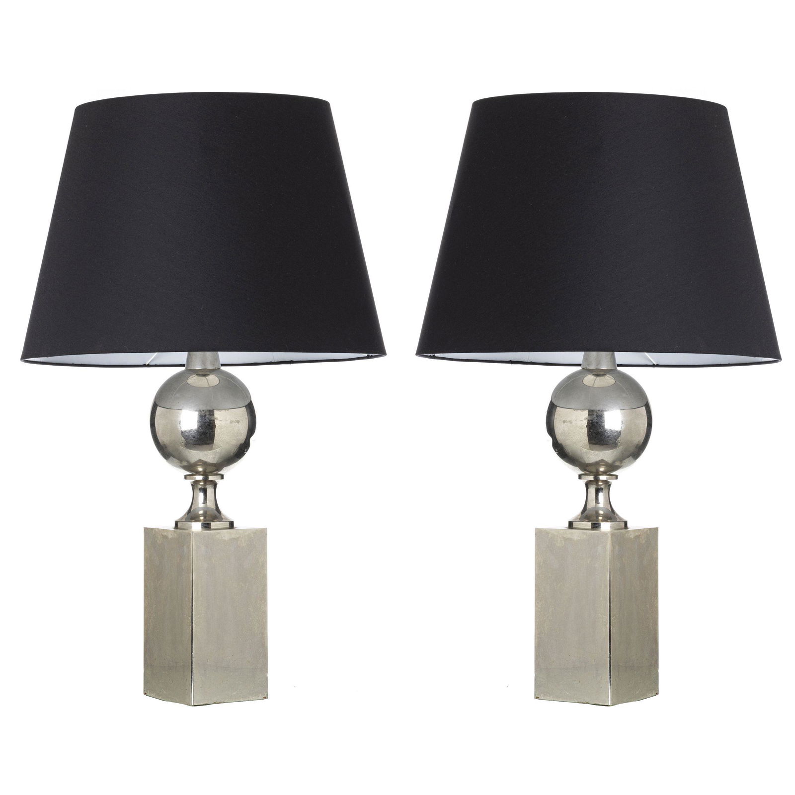 MAISON BARBIER - Pair of table lamps: France, c.1970, nickel-plated steel, parallelepiped base and baluster shaft, black fabric lampshades. Dim.: 82cm