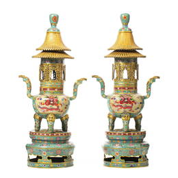 Large Pair of Chinese Cloisonne Dragon Censers, Minguo