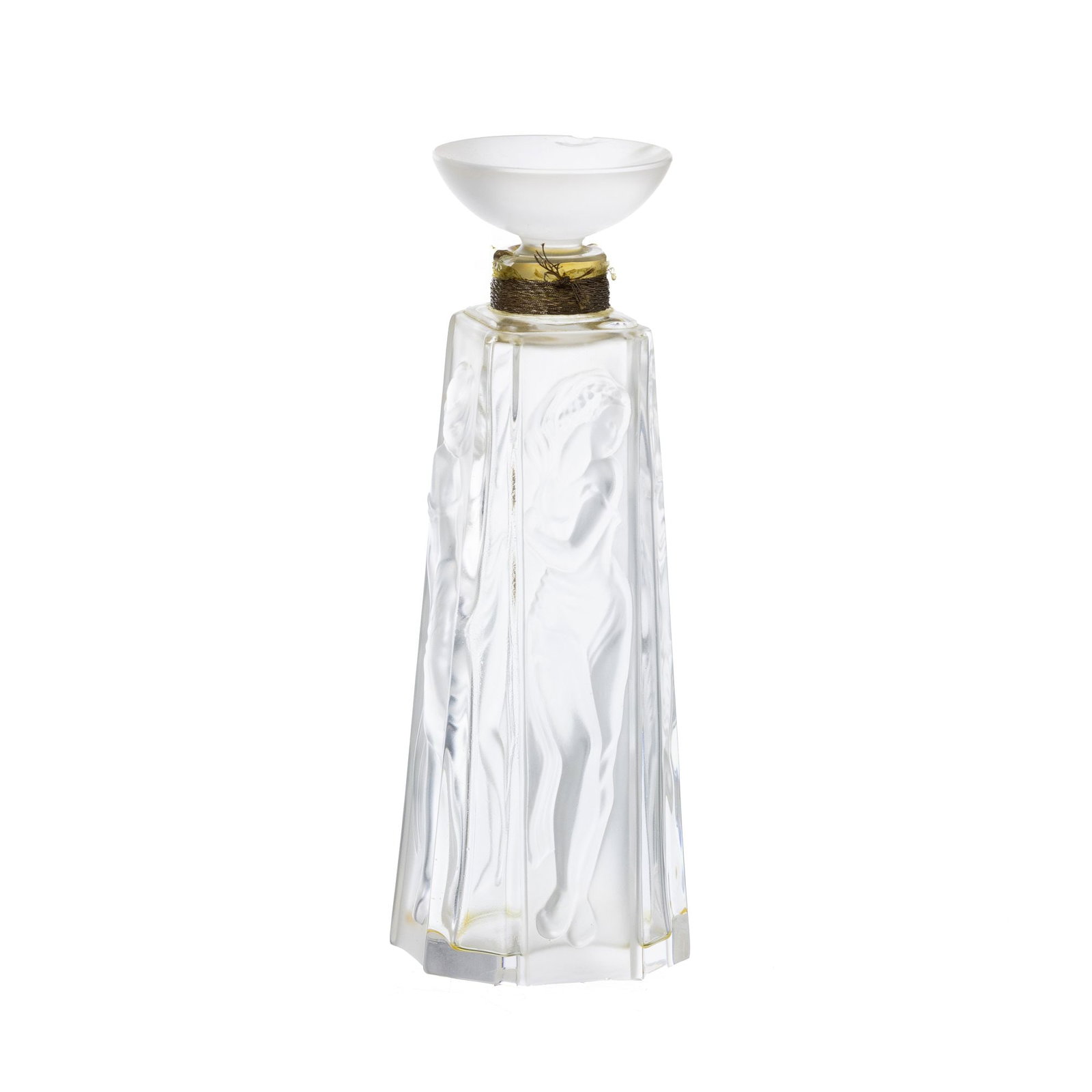 LALIQUE, FRANCE - Les Muses perfume bottle: Design by Marie Claude Lalique, limited edition 1994, polished matt crystal, depicting female figures. Marked 'Lalique France', and numbered. Minor flaws on the lid. Dim: 13cm