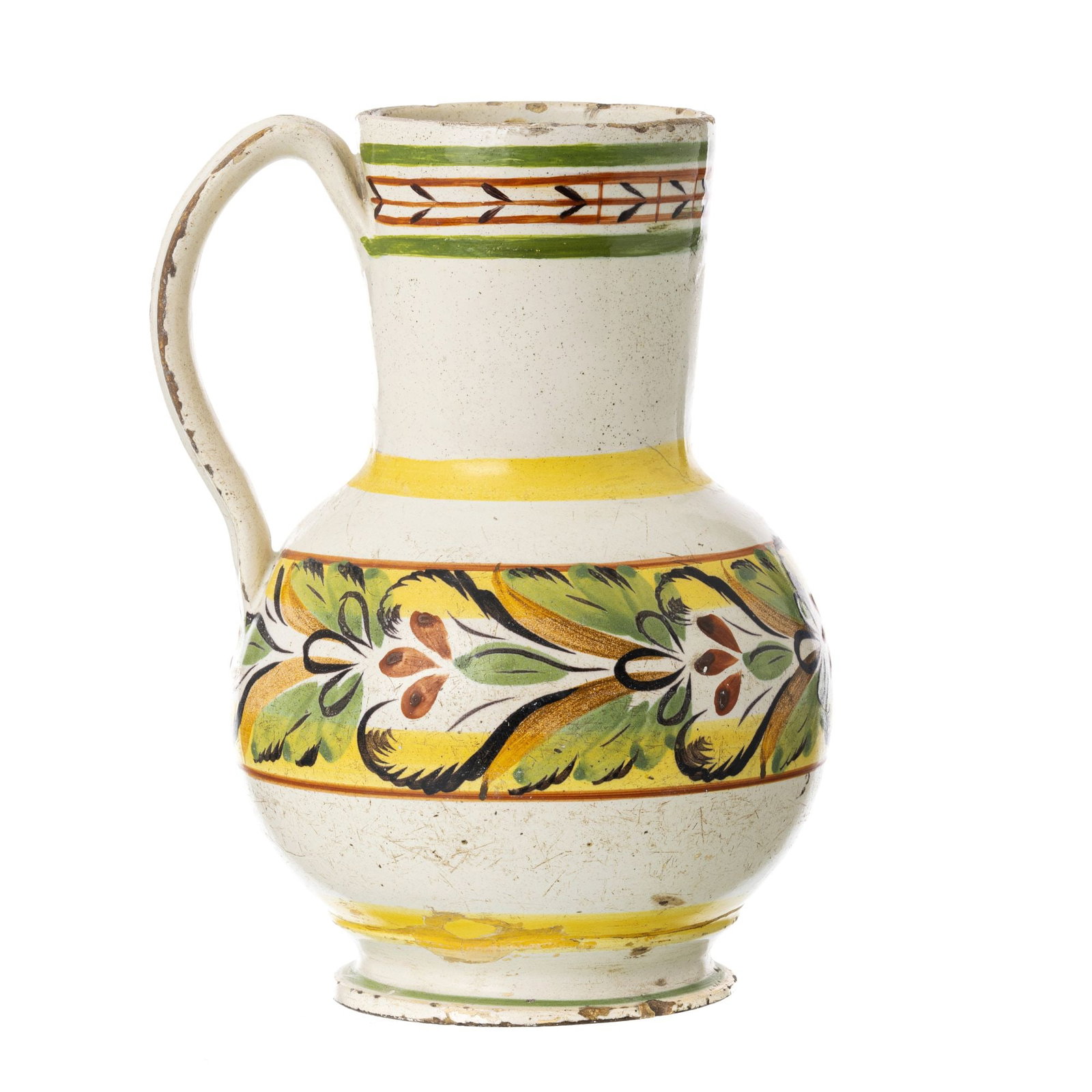 Fervenca faience mug: In Portuguese faience, 19th century, attributable to Fervenca, polychrome floral decoration. Signs of use, slight wear on the glaze. Dim.:22.5cm