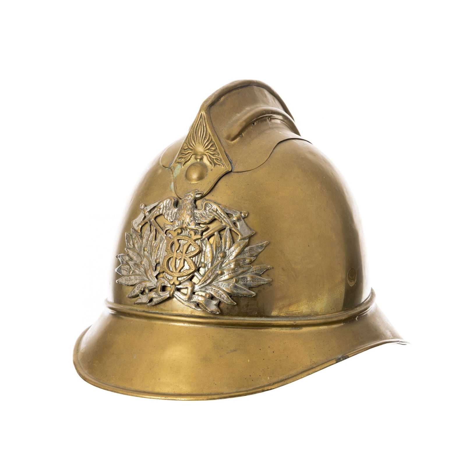 Volunteer Fireman's helmet: Portugal, c.1900, brass helmet with leather chin strap. Signs of use. Dim: 24 cm