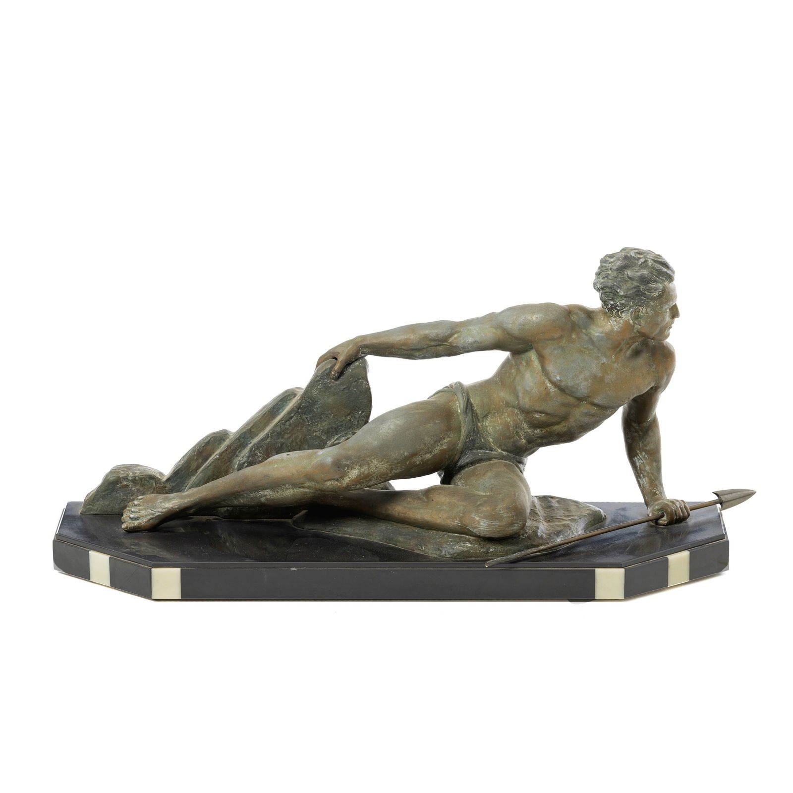 JEAN DE RONCOURT (1869-1937) - Fisherman with harpoon: France, c.1930, patinated metal sculpture depicting a fisherman holding a harpoon. Marble base. Signed. Signs of use. Dim: 38x74cm.