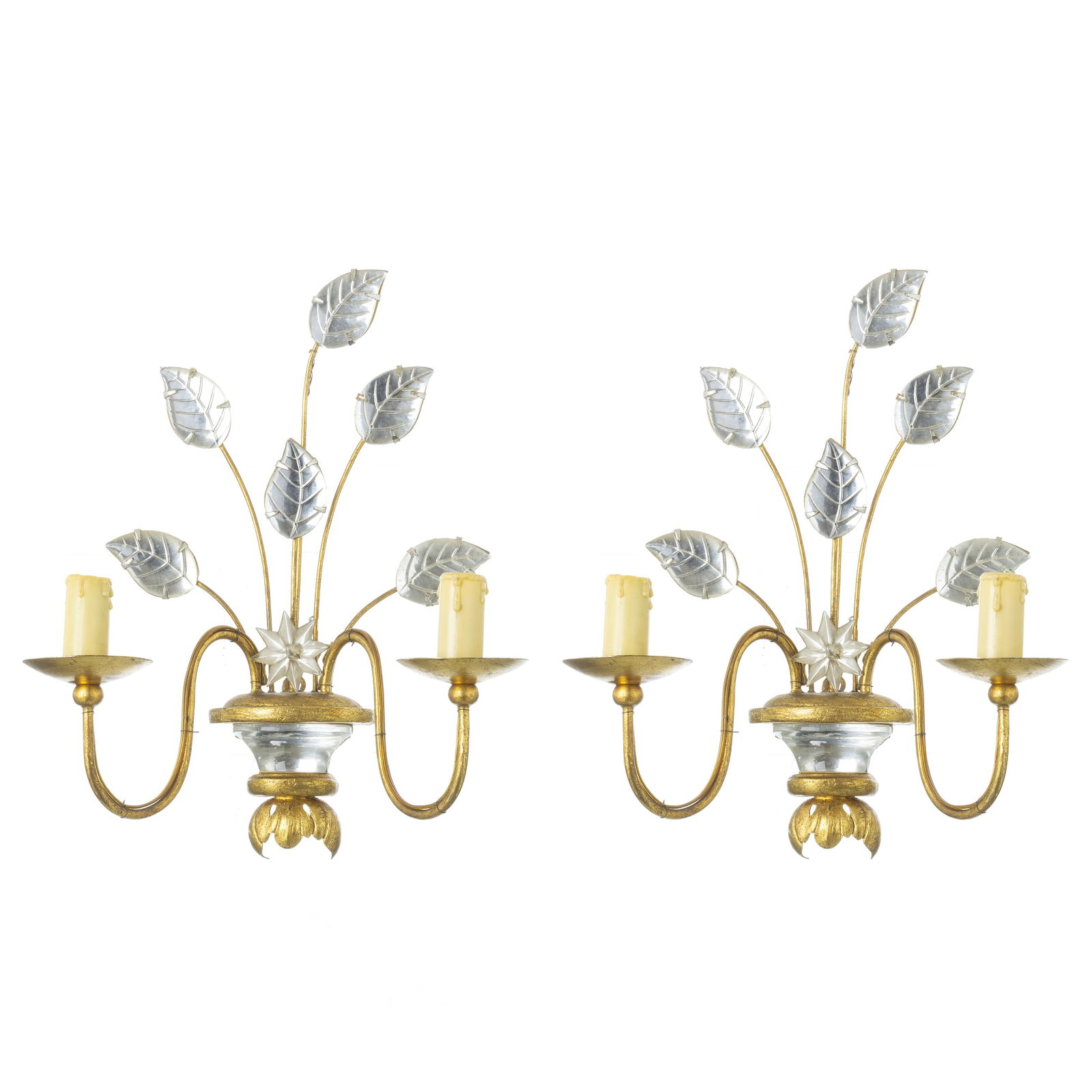 Style of MAISON CHARLES - Pair of Wall lights: France, c.1970, pair of gilded metal and glass leaves, electrified. Signs of use. Size: 36cm.