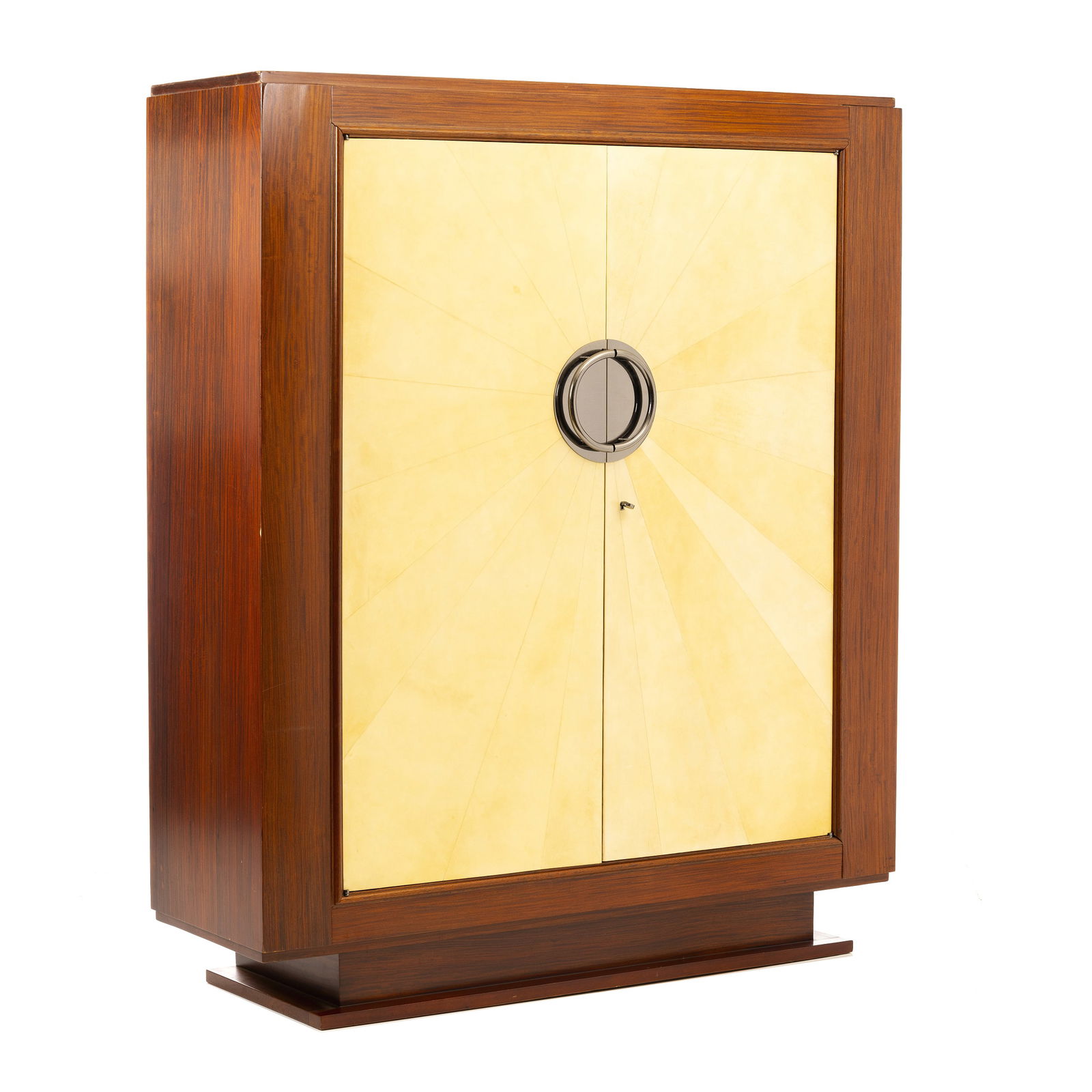 Style of JEAN PASCAUD - Bar Cabinet: France, c.1980, cabinet in American walnut veneer and parchment. Signs of use. Dim: 177.5x149.5x48cm.