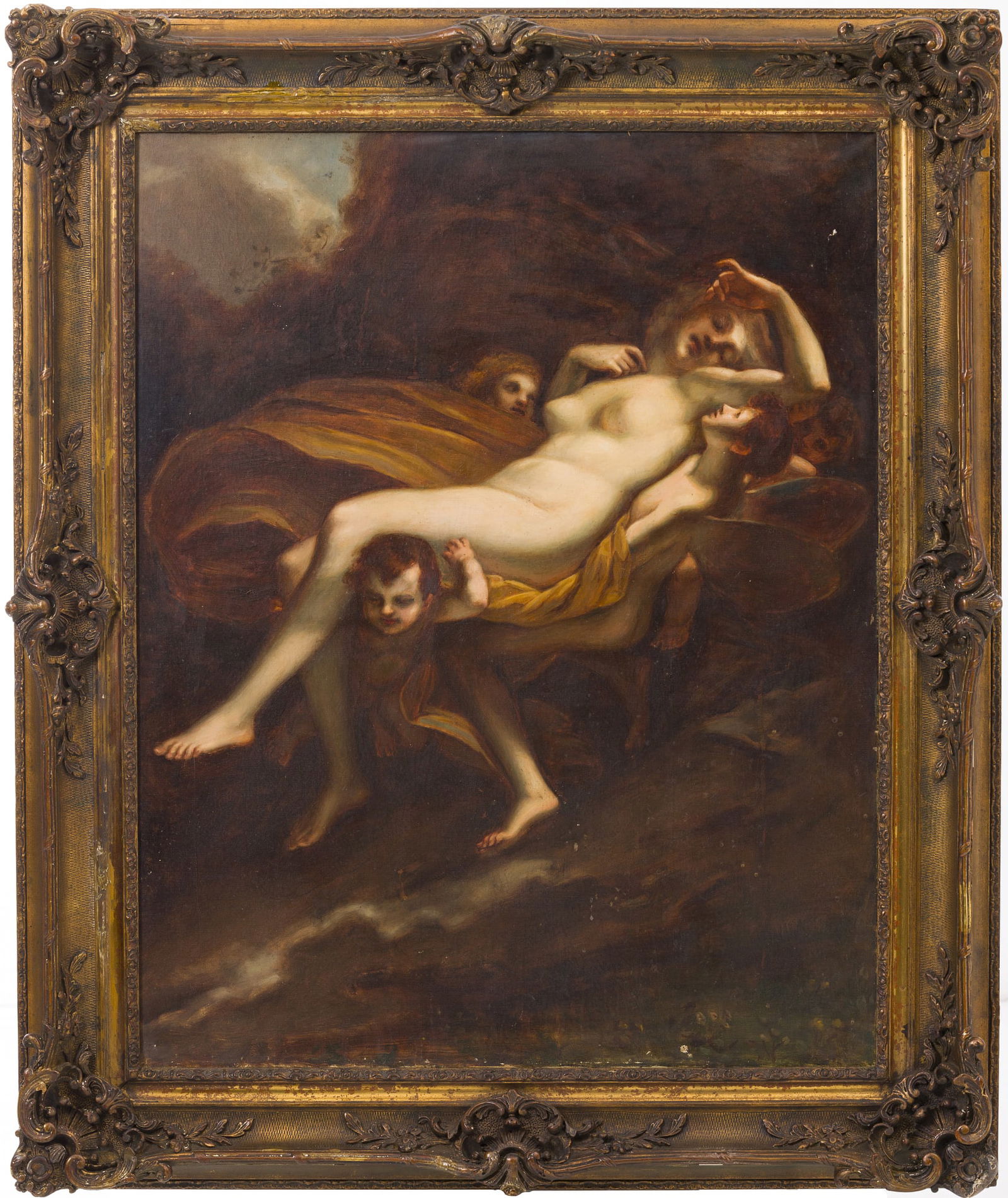 FRENCH SCHOOL, 19thC - The abduction of Psyche: Oil on canvas, after the original by Pierre-Paul Prud'hon (1758-1823) in the Louvre Museum. Period gilt wood and plaster frame.Signs of use. Dim.:92x73cm.