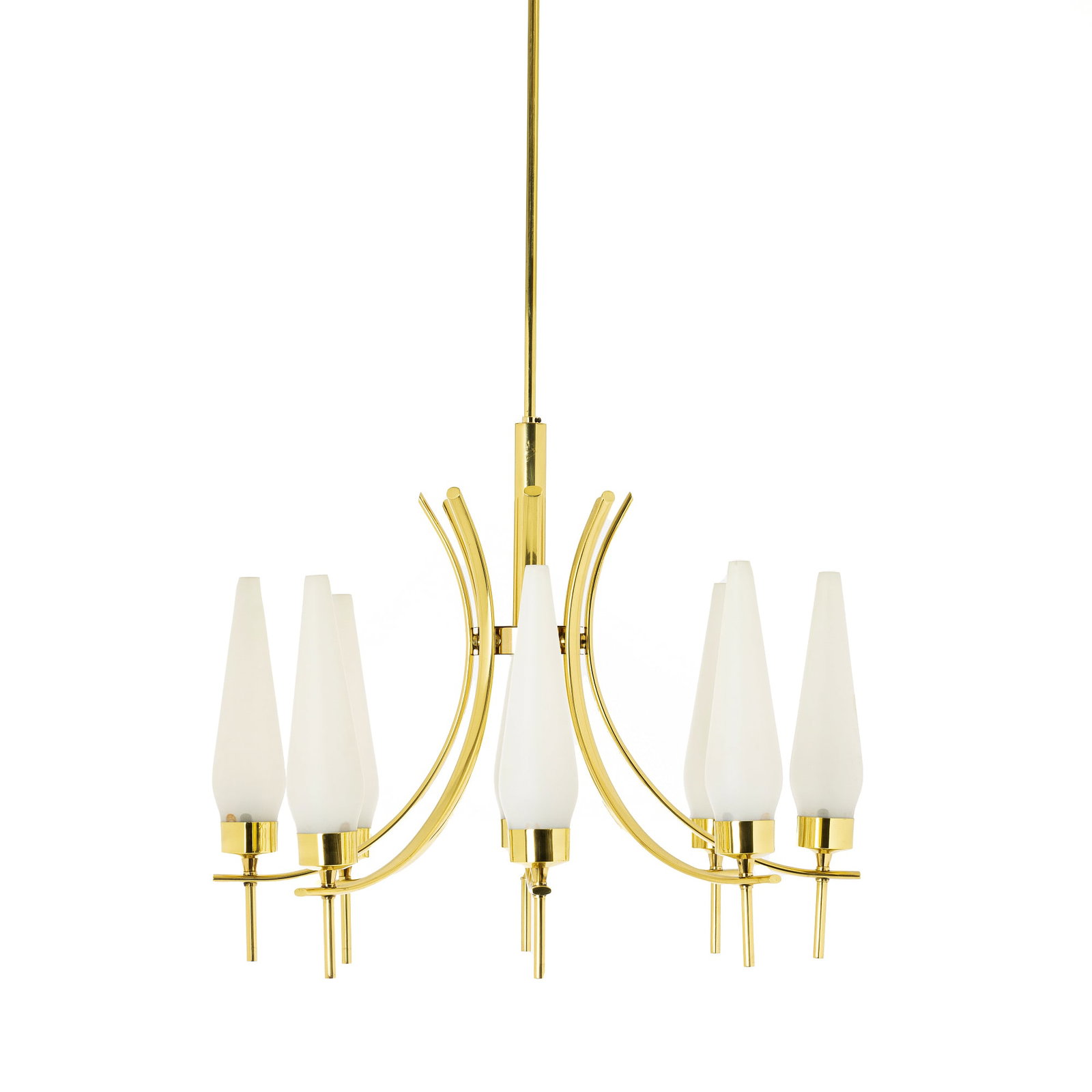 ANGELO LELLI (1911-1979) - Ceiling lamp model 12630: Italy, c.1950-60, made by Arredoluce, eight-light, model 12630, brass structure, satin white opaline glass shades. Signs of use. Dim: 60x115cm.