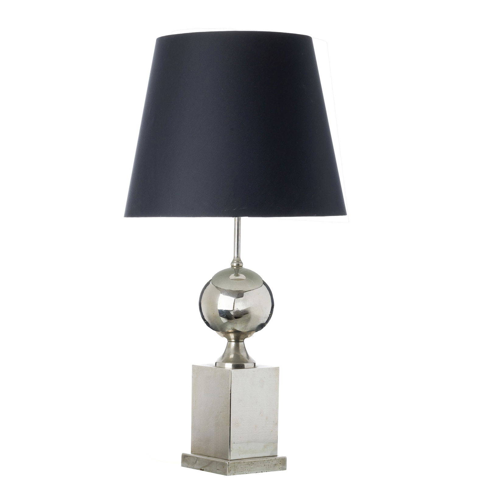 Style of MAISON BARBIER - Table lamp: France, c.1970, nickel-plated steel, parallelepiped base and baluster shaft, black fabric lampshades. Signs of use, wear. Dim.:95cm.