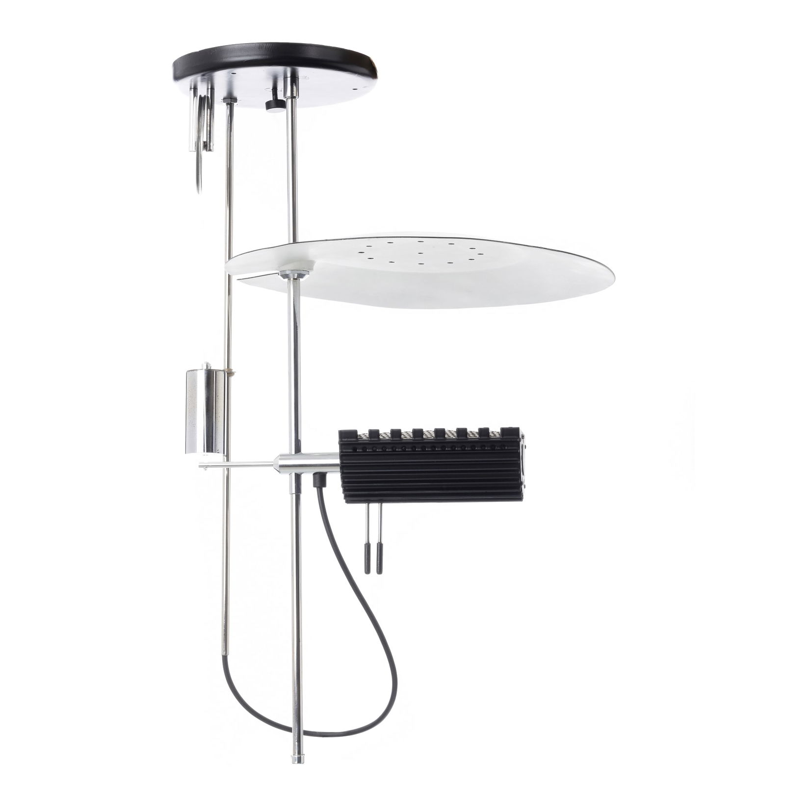 Style of SABINE CHAROY (1937) - Counterweight ceiling lamp: France, c.1990, indirect light ceiling lamp in chromed metal and lacquered in black and gray. Height-adjustable shade with counterweight Signs of use. Dim.:66.5cm.