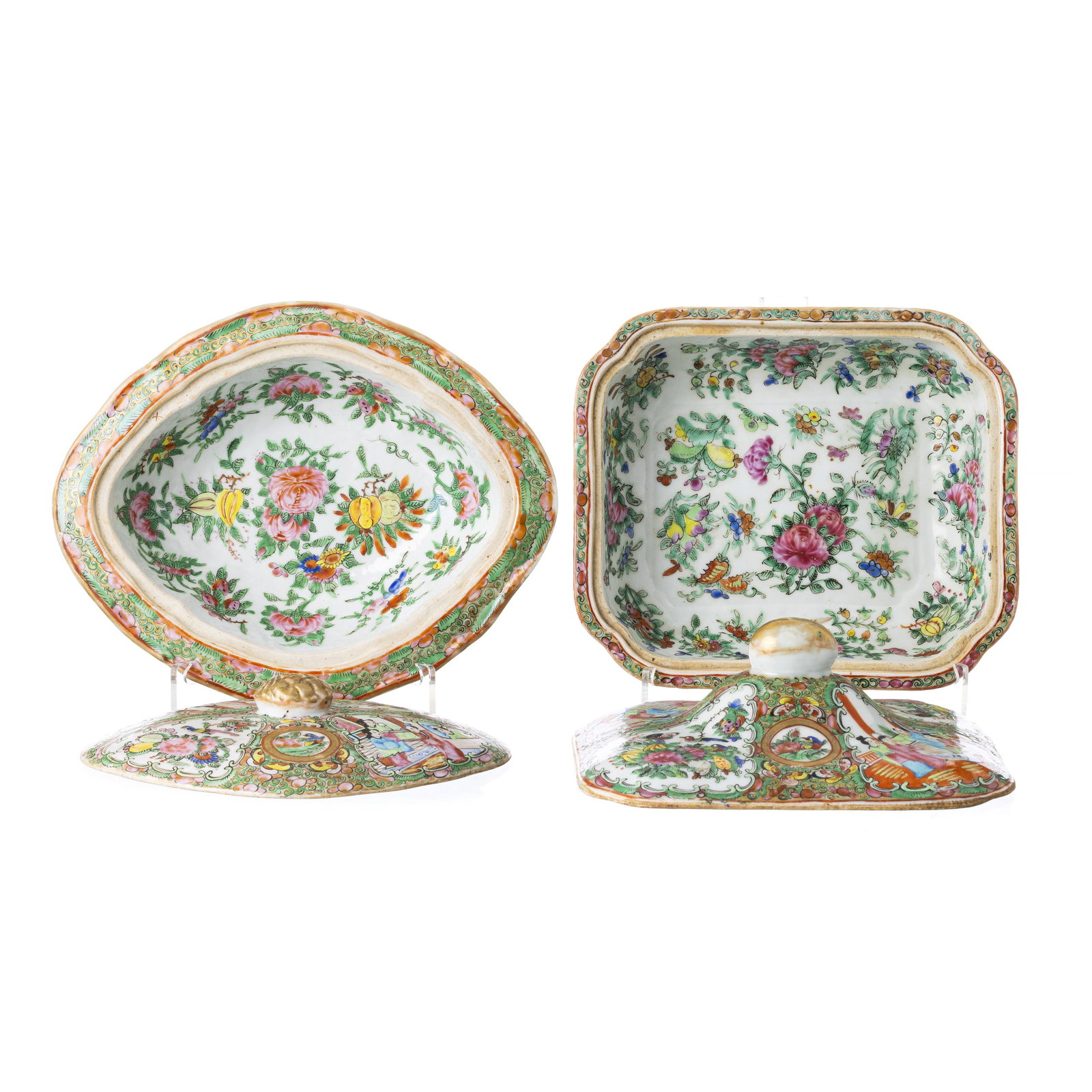 Pair of 'rose medallion' Chinese porcelain vegetable tureens, Guangxu: China, Guangxu, porcelain, polychrome and gold decoration, representing floral and plant motifs and reserves with scenes of everyday life, birds and flowers. Signs of use. Dim.: 23.5 to 26.5 cm.WE SHI