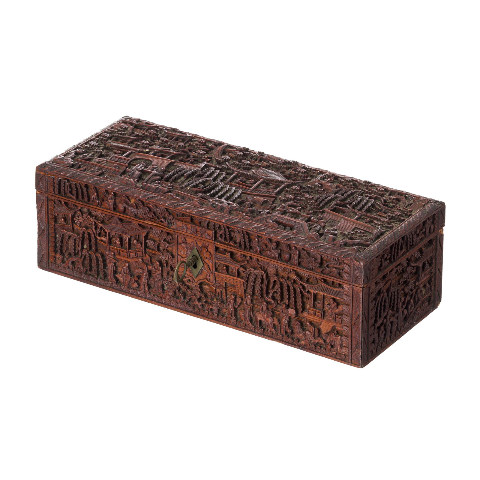 Chinese sandalwood carved box: China, 19th century, finely carved sandalwood, relief decoration, representing figures in everyday activities, with key. Signs of use. Dim.:7.5x25x10.5cm.WE SHIP WORLDWIDE! We offer in-house packing a
