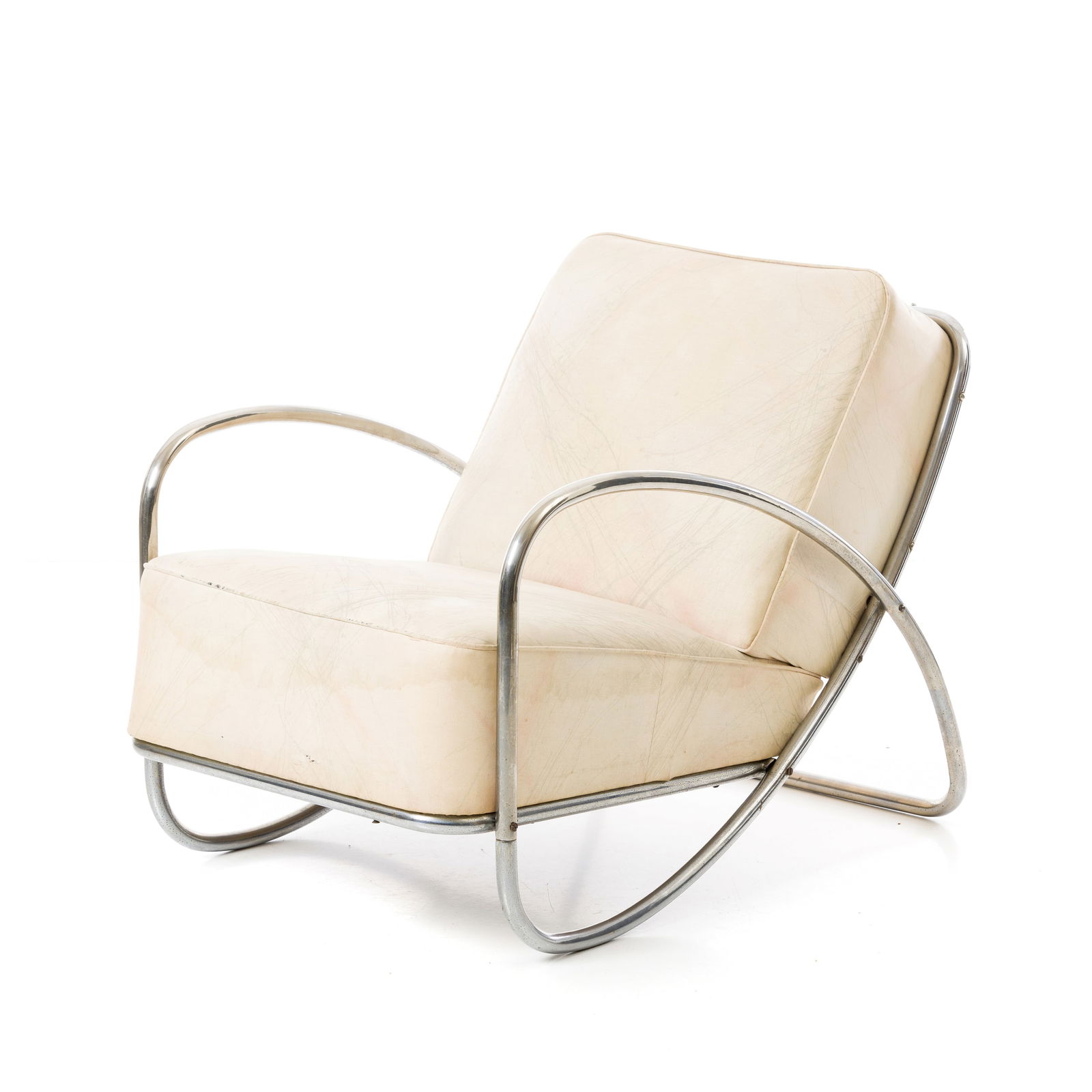 ANTON LORENZ (1891-1964) - Cantilevered armchair 'KS-45': Germany, c.1930, manufactured by Thonet, chromed tubular steel structure, upholstered in fabric. Signs of use, some flaws in the lining. Dim.:78x65x89cm.