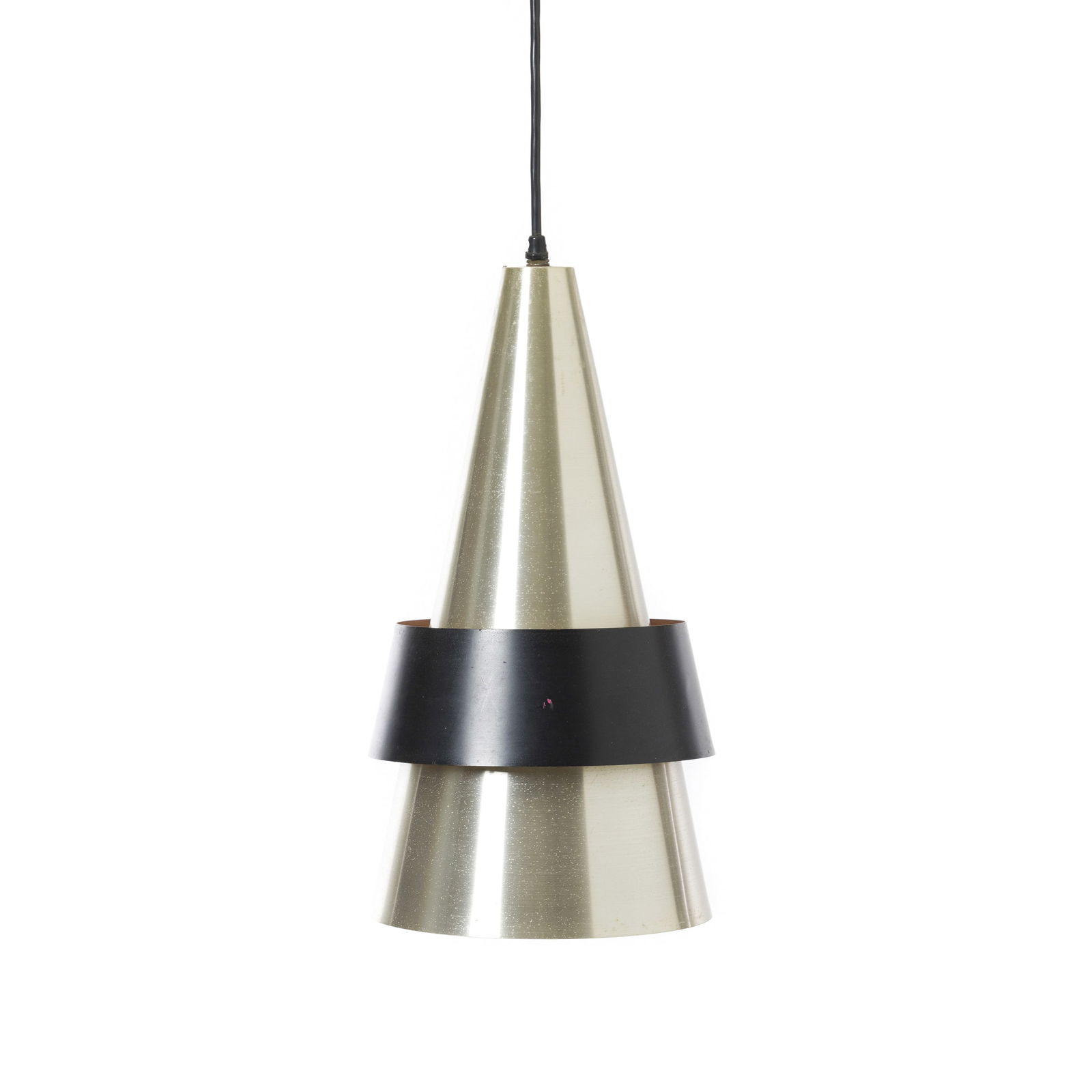 JO HAMMERBORG (1920-1982) - Chrome metal ceiling lamp: Denmark, c.1960, brushed and lacquered steel, manufactured by Fog & M?rup. Electrified. Signs of use, some oxidation. Dim.: 44cm.