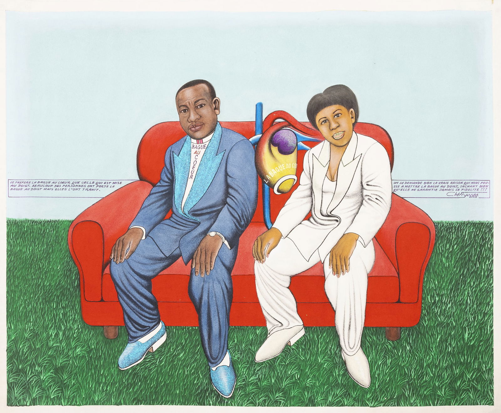 CHERI SAMBA (b.1956) - "La bague au coeur": Acrylic and pigments on canvas, signed and dated 2003. Artist's Certificate attached. Signs of use. Dim.:120x150cm.