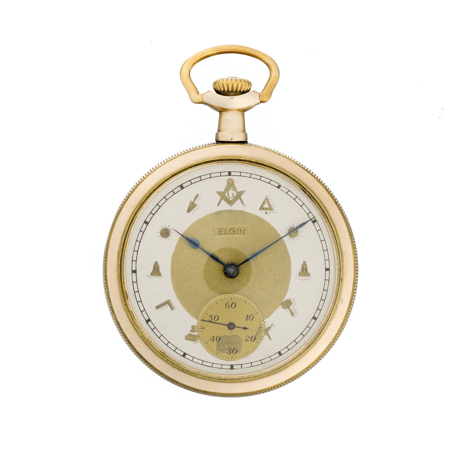 ELGIN - Masonic Freemason Pocket watch: USA, c.1900, automatic movement, dial decorated with Masonic symbols, gilded metal case, incised decoration with cartouche and plant motifs, running. Dim.:5cm.
