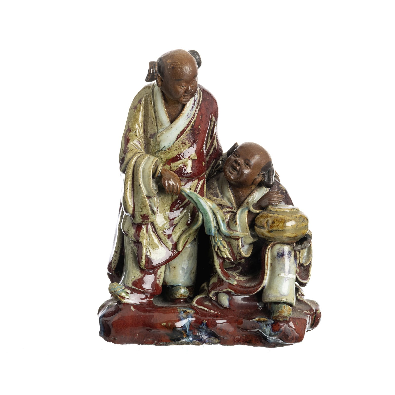 Shiwan ceramic Hehe Erxian group: China, Minguo, sculptural group in glazed stoneware, rich polychrome decoration in glazed and unglazed enamels representing Hehe Erxian twins. Signs of use. Dim.:19.5cm
