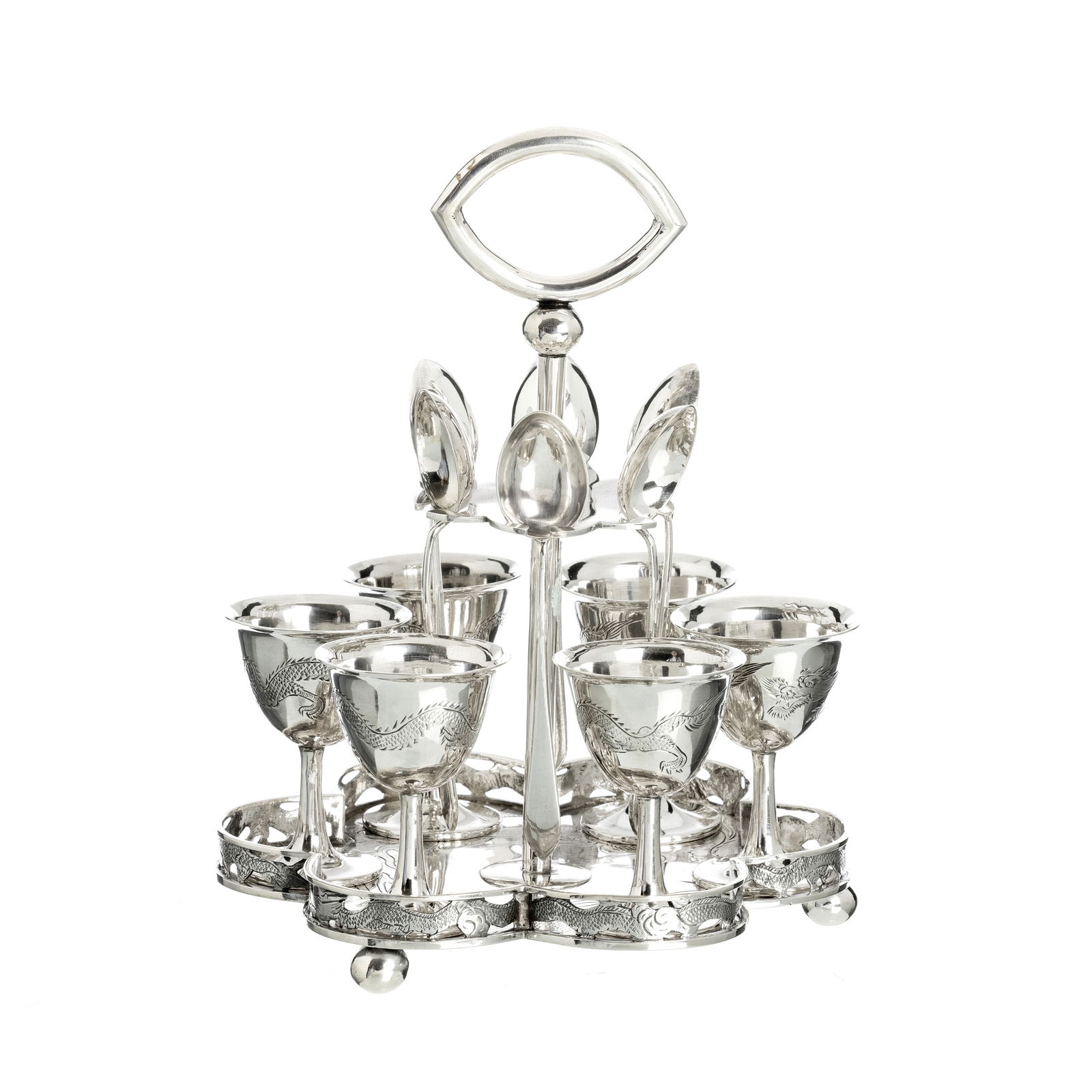 Chinese export silver egg cruet stand: China, Hong Kong, 19th/20th century, silver with six stands and spoons, relief, openwork and incised decoration with dragons and clouds, ball feet. Marked on the base. Signs of use. Approximate weight