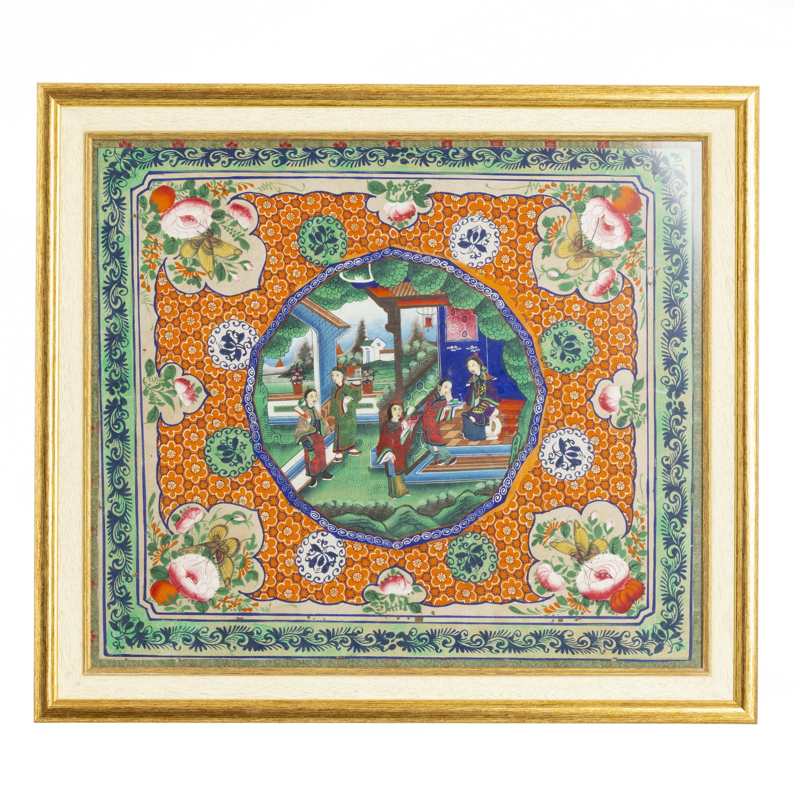 CHINESE SCHOOL, 19th century - Landscape with figures: China, mid 19th century, gouache and Indian ink on paper, central reserve with figures of the imperial court in an everyday scene flanked by floral motifs, butterflies and friezes of plant patterns. F
