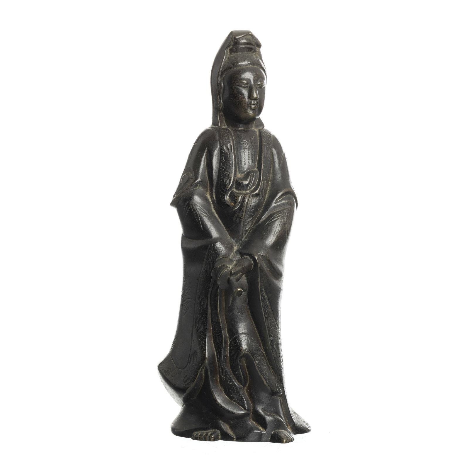 Chinese bronze Guanyin: China, 19th century, relief bronze sculpture with incised decoration, depicting Guanyin standing holding one of the eight auspicious symbols in her left hand. Signs of use. Size: 23cm.