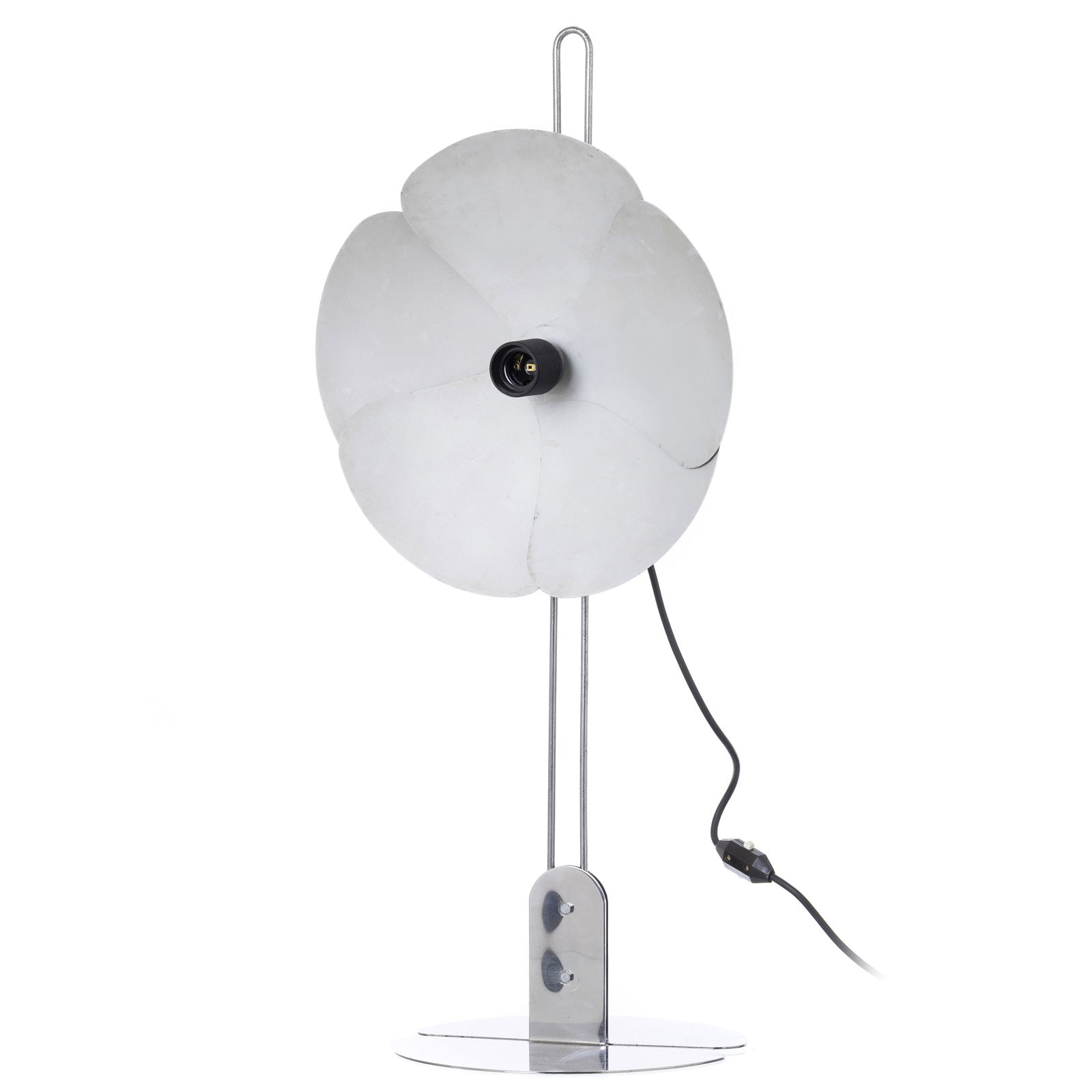 OLIVIER MOURGUE (b.1939) - Table / floor lamp 2093-80: France, c.1967, manufactured by Disderot, chromed metal and raw aluminum, flower-shaped, adjustable shade, electrified. Signs of use. Dim.:80cm.