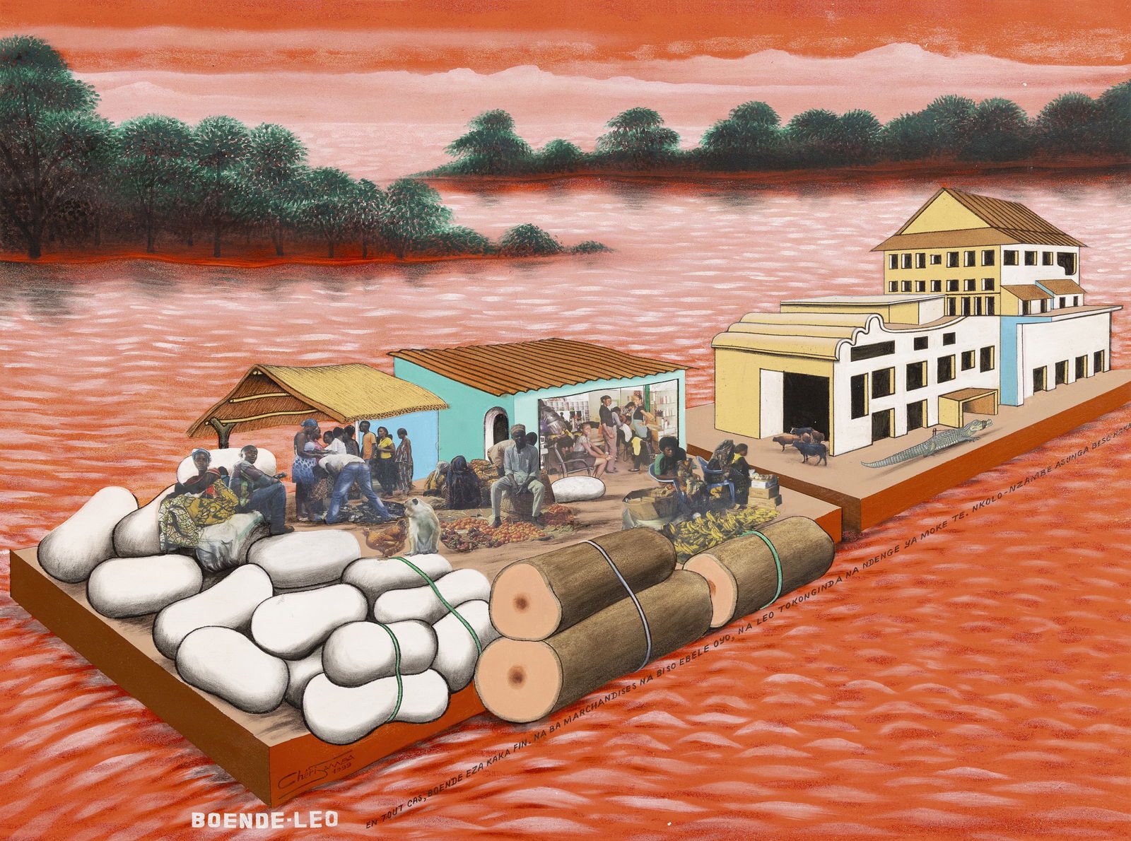 CHERI SAMBA (b.1956) - "Boende - Leo": Acrylic / mixed media on canvas, signed and dated 1999. Artist's certificate and photograph of the artist next to the work are attached. Size: 120x150cm.