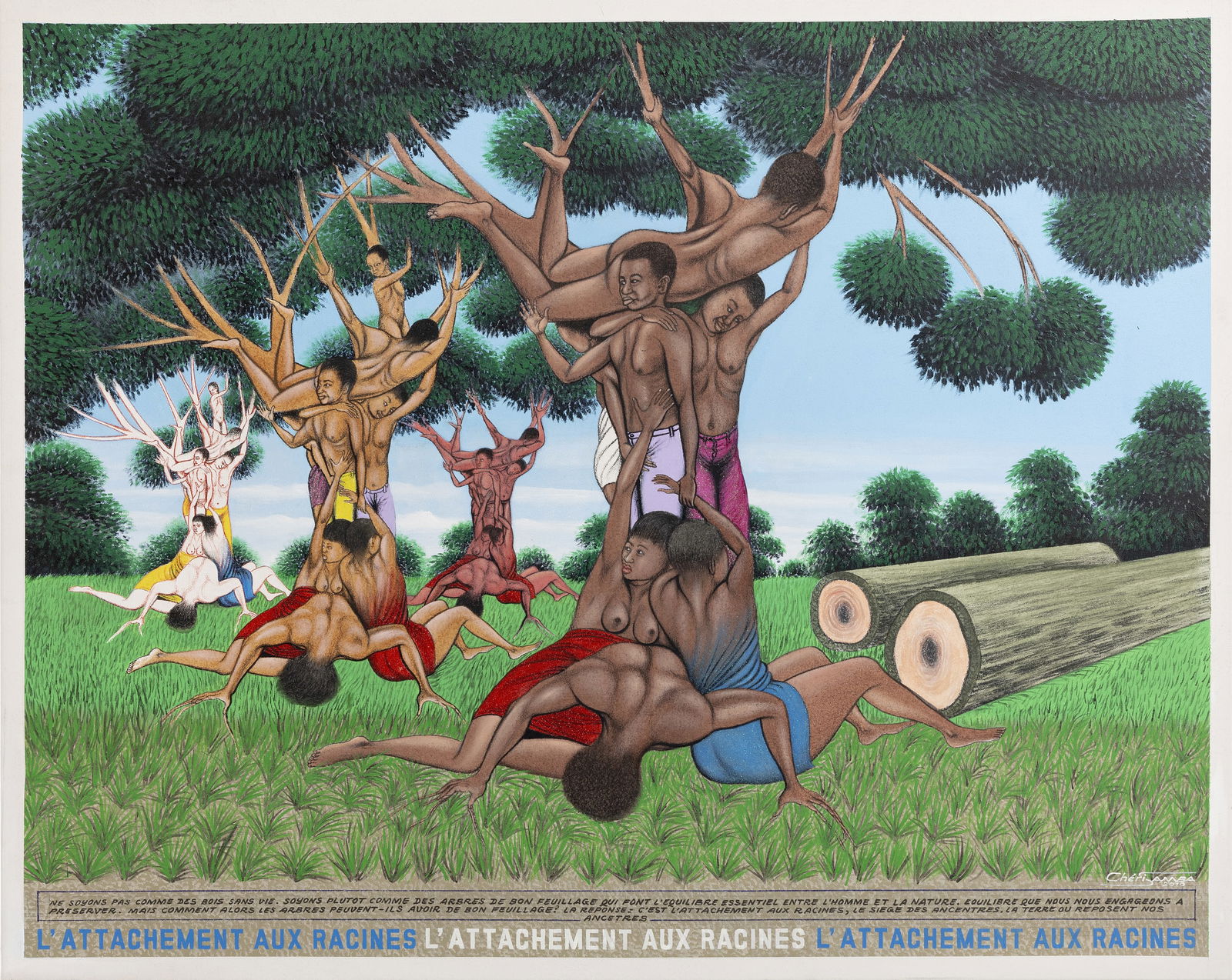 CHERI SAMBA (B.1956) - "L'attachement aux racines": Acrylic / mixed media on canvas, signed and dated 2010. Artist's certificate and photograph of the artist next to the work are attached. Dim.: 120x144cm.