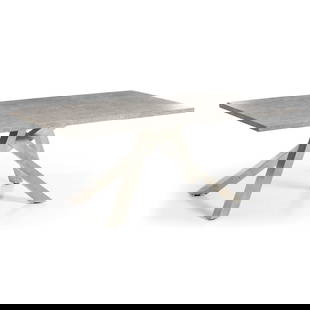 Brutalist dining table: Contemporary, chromed iron legs, wooden top with laminate replicating granite. Signs of use. Dim.: 17x200x100.5cm.