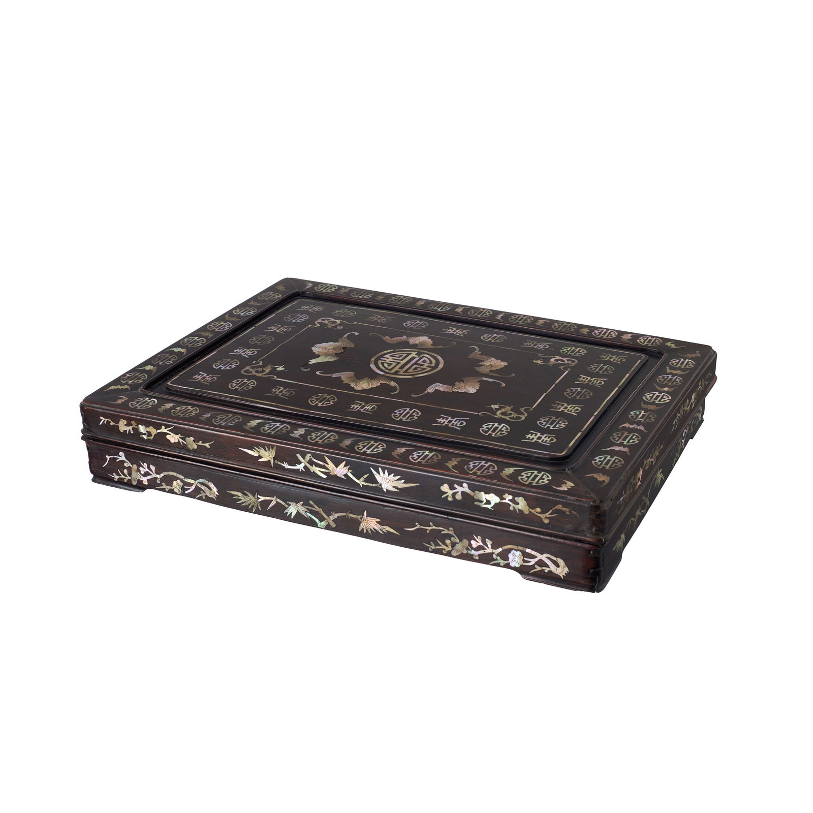 Hongmu and mother-of-pearl writing table / box, Guangxu: China, Guangxu, tamarind with mother-of-pearl inlays depicting auspicious symbols, bats, flowers, and bamboo branches. Signs of use. Dimensions: 6.5x41x30cm.