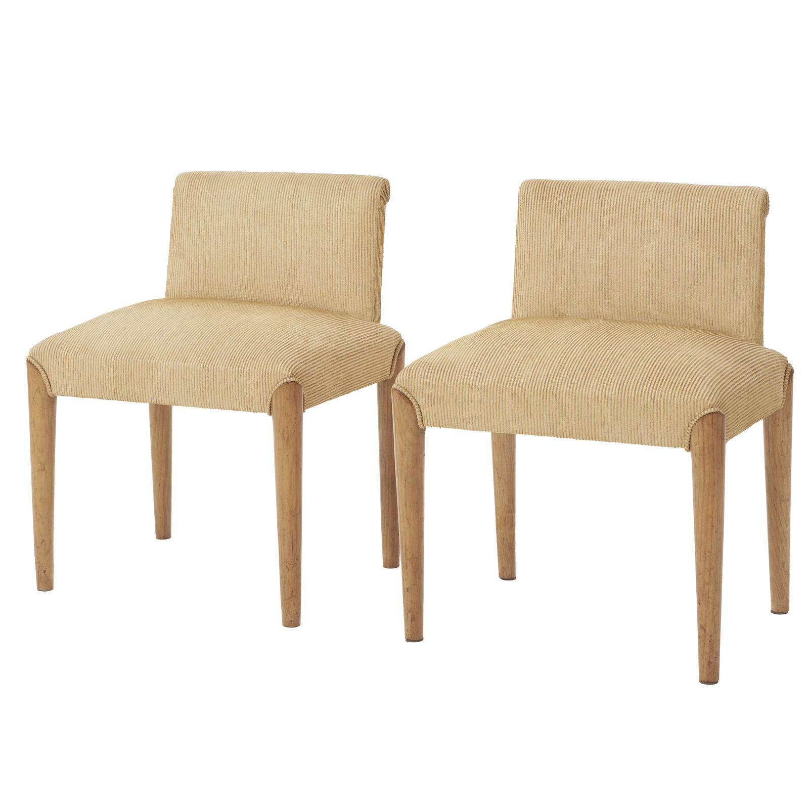 PORTUGUESE WORK (c.1930) - Set of two chairs: Portugal, c.1930, beechwood structure, low backrest, upholstered with raised-pattern fabric in a yellow tone. Legs with some scratches, signs of use. Dim.: 66x51x39cm (each).